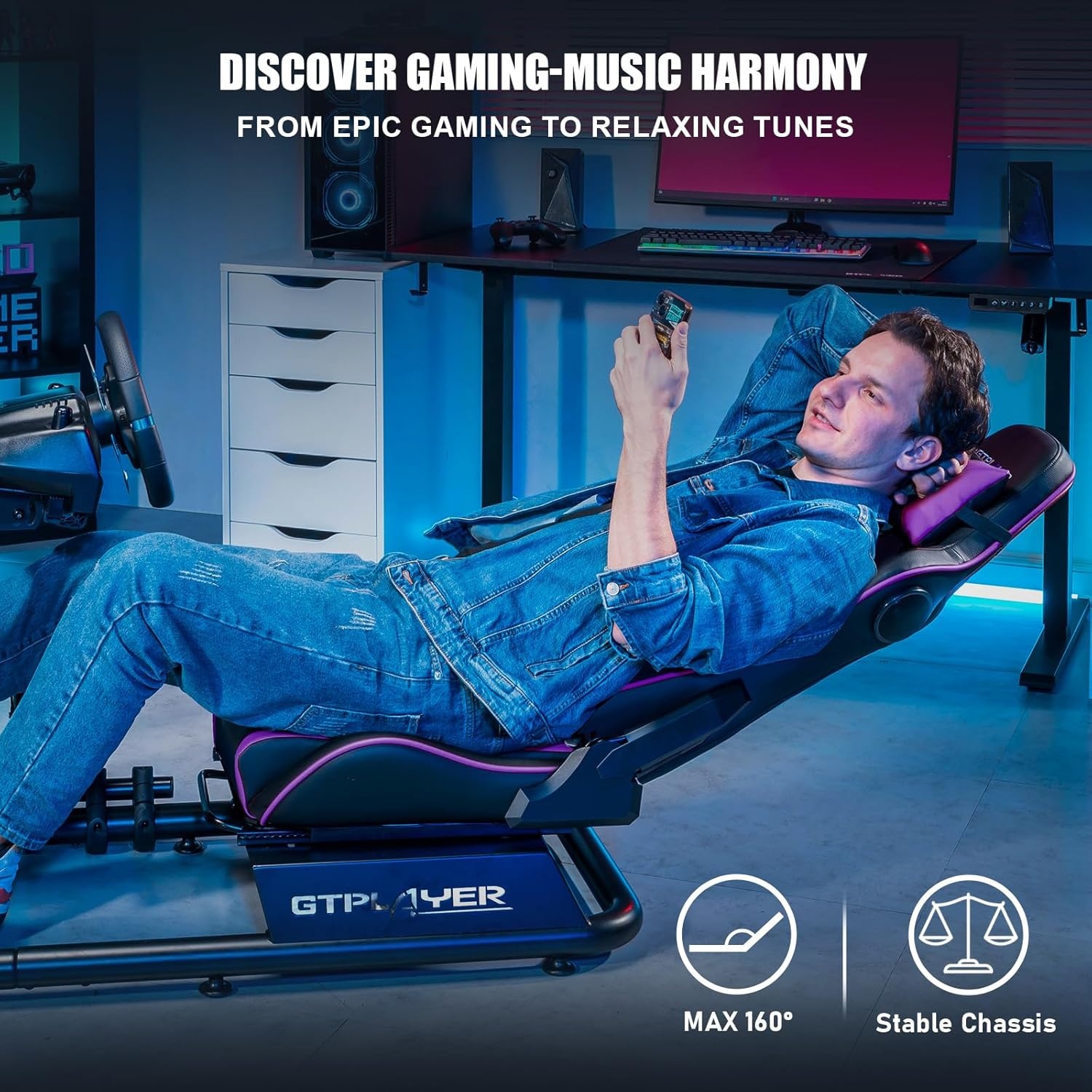 image:imageGTPLAYER Racing Simulator Cockpit with Seat and Bluetooth Speakers Racing Style Reclining Seat and UltraSturdy Alloy Steel Frame RedPurple