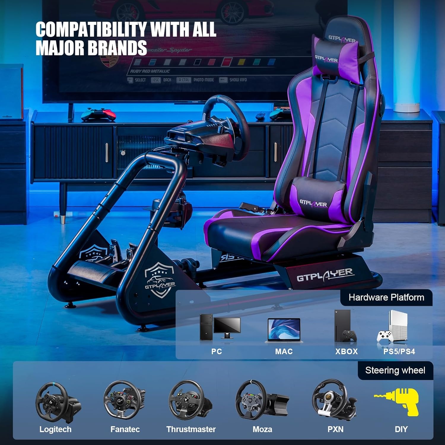 image:imageGTPLAYER Racing Simulator Cockpit with Seat and Bluetooth Speakers Racing Style Reclining Seat and UltraSturdy Alloy Steel Frame RedPurple