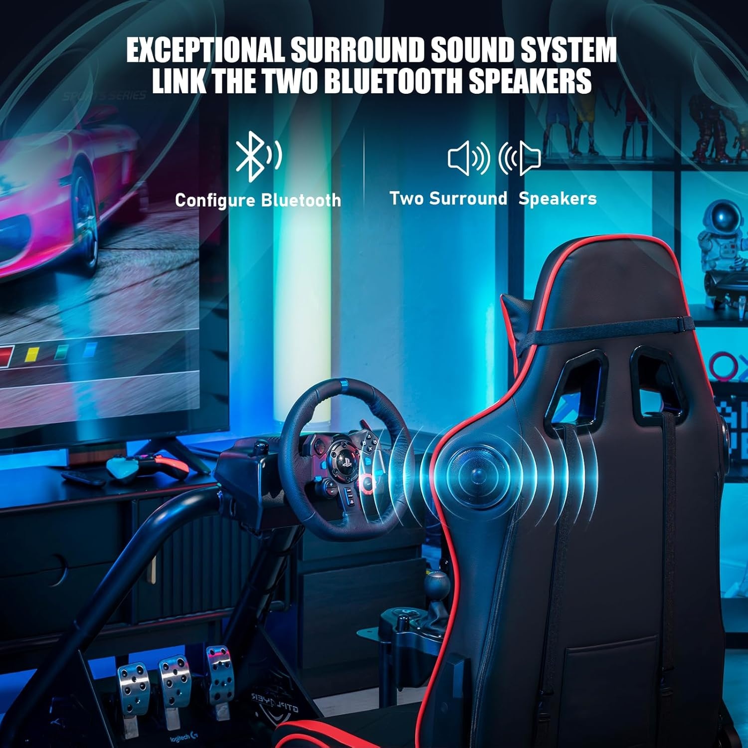 image:imageGTPLAYER Racing Simulator Cockpit with Seat and Bluetooth Speakers Racing Style Reclining Seat and UltraSturdy Alloy Steel Frame RedRed