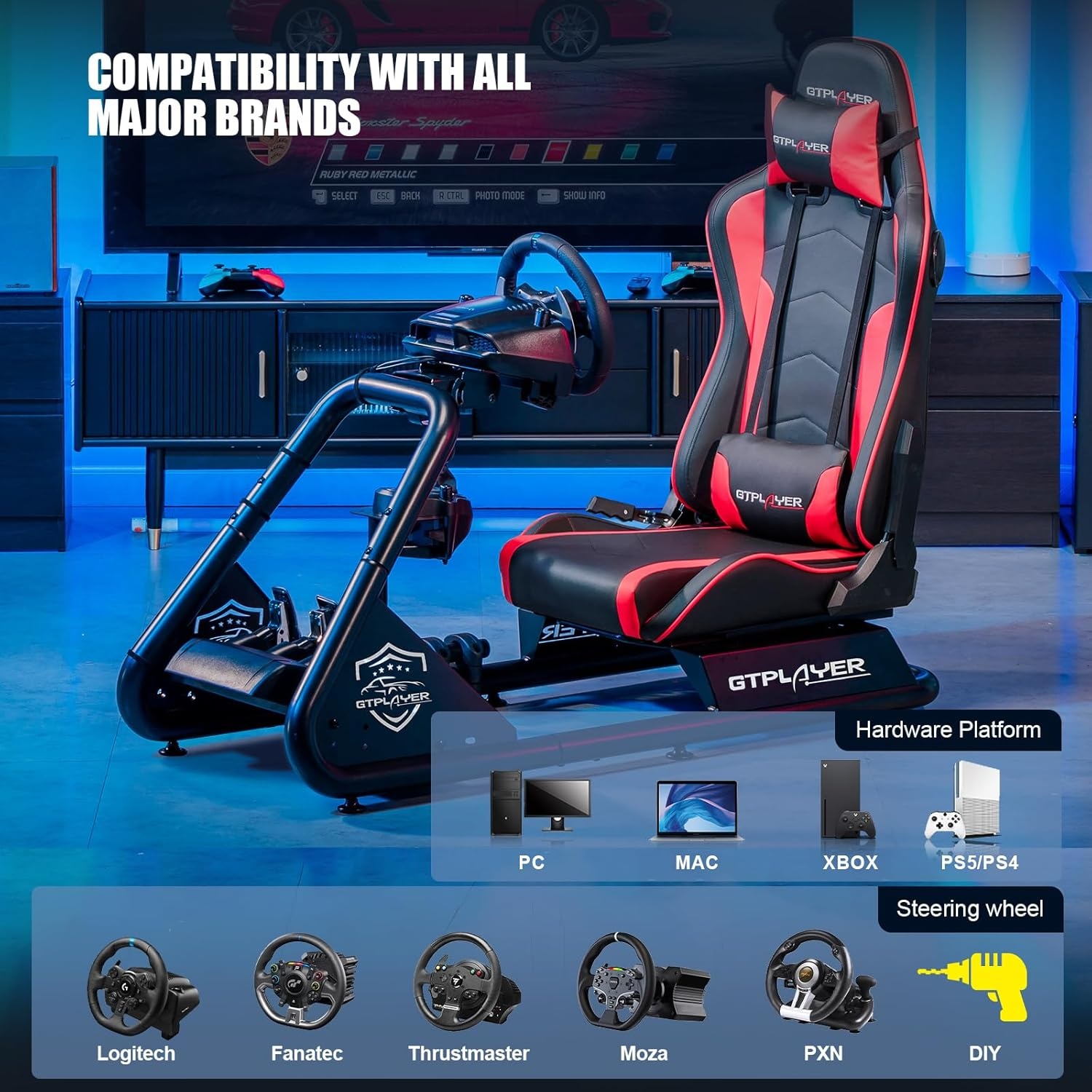 image:imageGTPLAYER Racing Simulator Cockpit with Seat and Bluetooth Speakers Racing Style Reclining Seat and UltraSturdy Alloy Steel Frame RedRed
