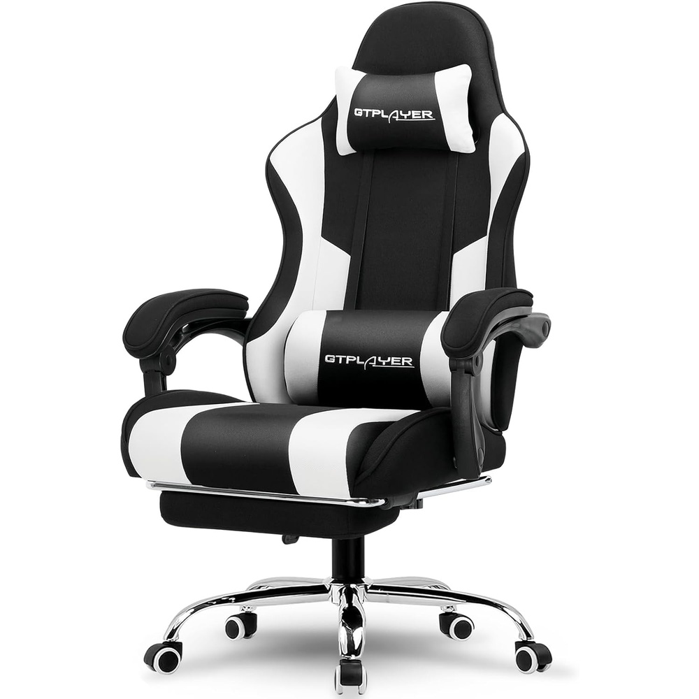 image:imageGTPLAYER Gaming Chair Computer Chair with Footrest and Lumbar Support Height Adjustable Game Chair with 360Swivel Seat and Headrest and for Office or Gaming Faux Leather BlackFabric Black White