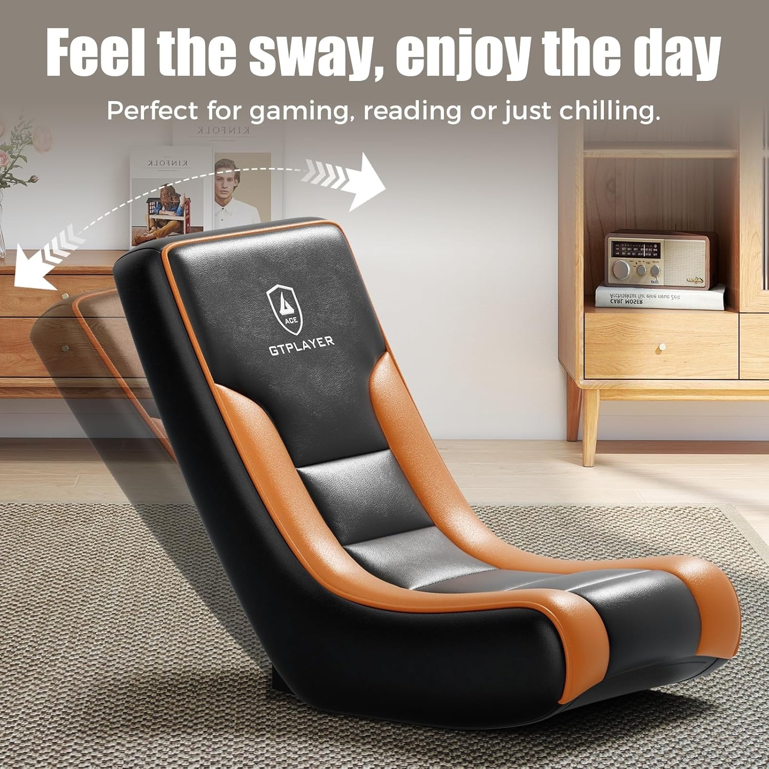 image:imageGTPLAYER Gaming Floor Rocking Chair Rocker Floor Game Chair with Angle Limiter Compact amp Lightweight Game Seat Black Galaxy Patterned02 Orange