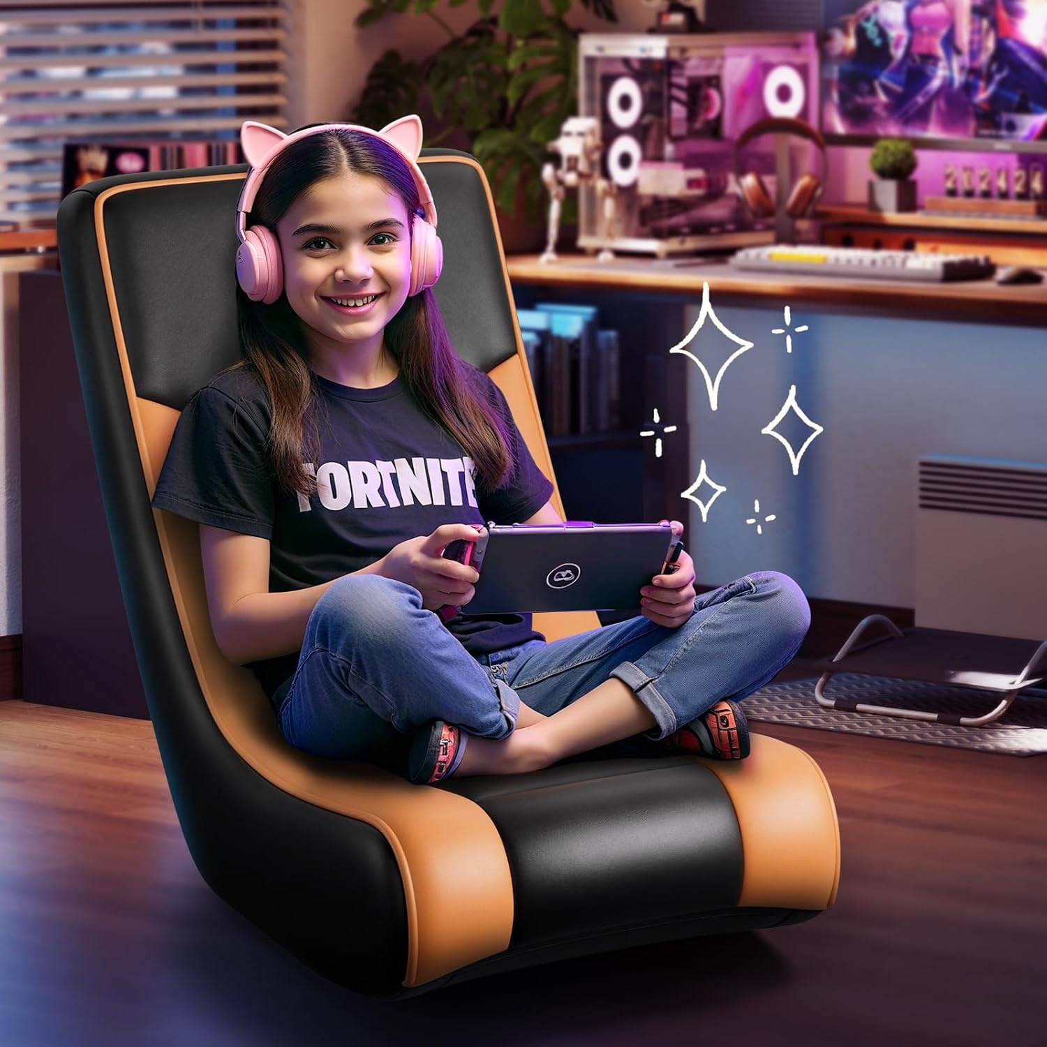 image:imageGTPLAYER Gaming Floor Rocking Chair Rocker Floor Game Chair with Angle Limiter Compact amp Lightweight Game Seat Black Galaxy Patterned02 Orange