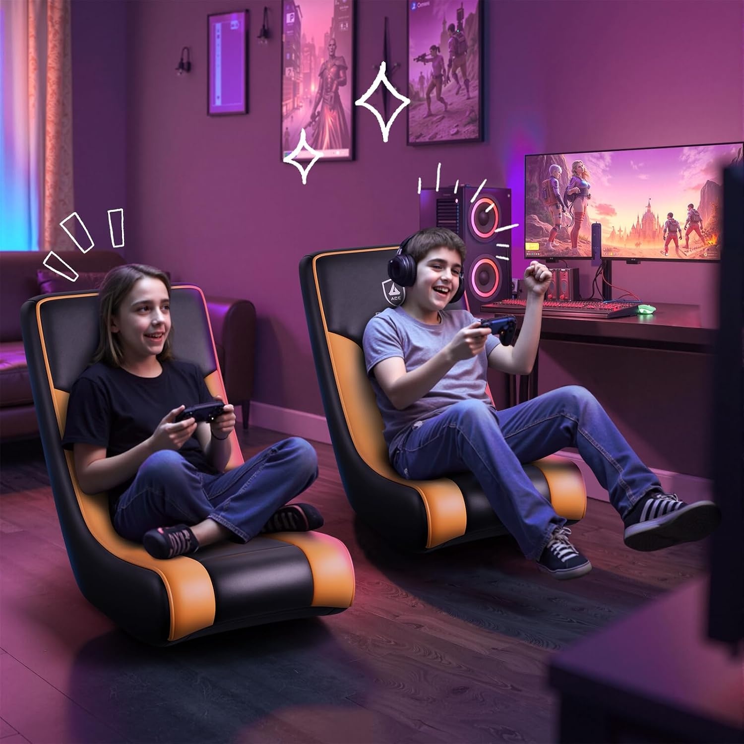 image:imageGTPLAYER Gaming Floor Rocking Chair Rocker Floor Game Chair with Angle Limiter Compact amp Lightweight Game Seat Black Galaxy Patterned02 Orange