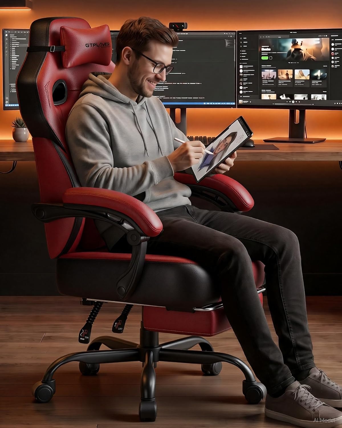 image:imageGTPLAYER Big amp Tall Gaming Chair 90155 Adjustable Reclining Office Seat with Footrest Ergonomic Comfy Computer Desk Chair for Adults Home Office Gaming Study Use BlackPu Wine Red