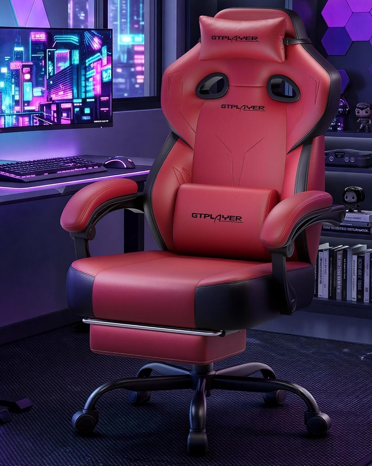 image:imageGTPLAYER Big amp Tall Gaming Chair 90155 Adjustable Reclining Office Seat with Footrest Ergonomic Comfy Computer Desk Chair for Adults Home Office Gaming Study Use BlackPu Wine Red