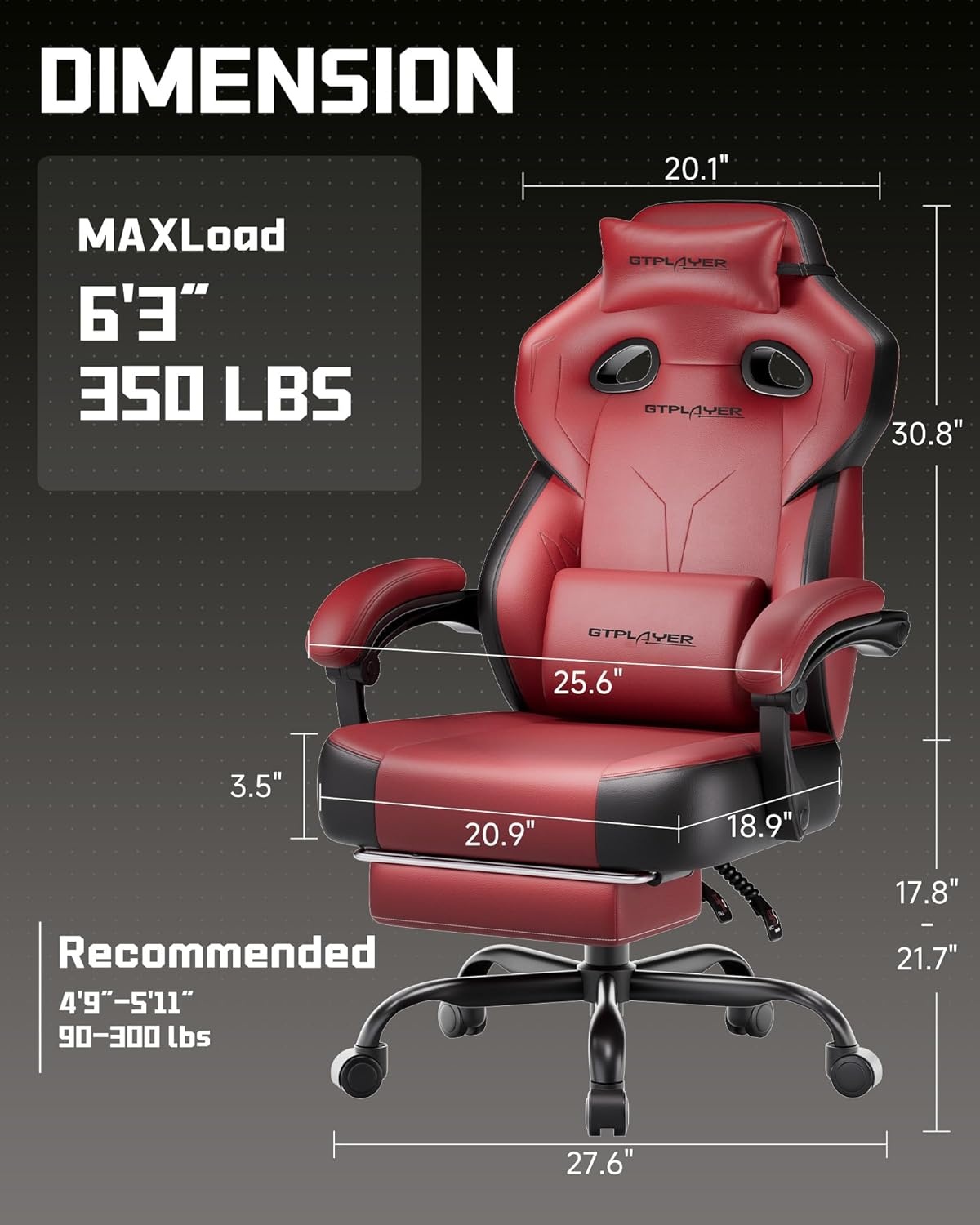 image:imageGTPLAYER Big amp Tall Gaming Chair 90155 Adjustable Reclining Office Seat with Footrest Ergonomic Comfy Computer Desk Chair for Adults Home Office Gaming Study Use BlackPu Wine Red