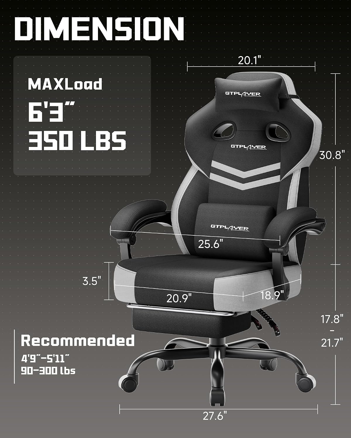 image:imageGTPLAYER Big amp Tall Gaming Chair 90155 Adjustable Reclining Office Seat with Footrest Ergonomic Comfy Computer Desk Chair for Adults Home Office Gaming Study Use BlackLi Black Lightgray