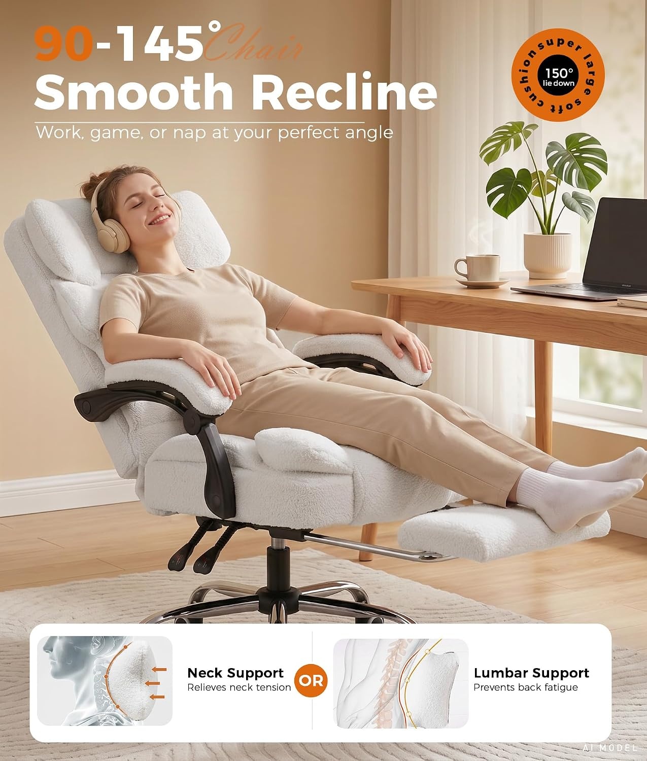 image:imageGTPLAYER Big and Tall Office Chair with Pocket Spring Cushion amp Ergonomic Lumbar Support for Lower Back Pain Relief High Back Computer Gaming Chair with Foot Rest Soft Velvet Fabric BlackWhite Teddy Fabric