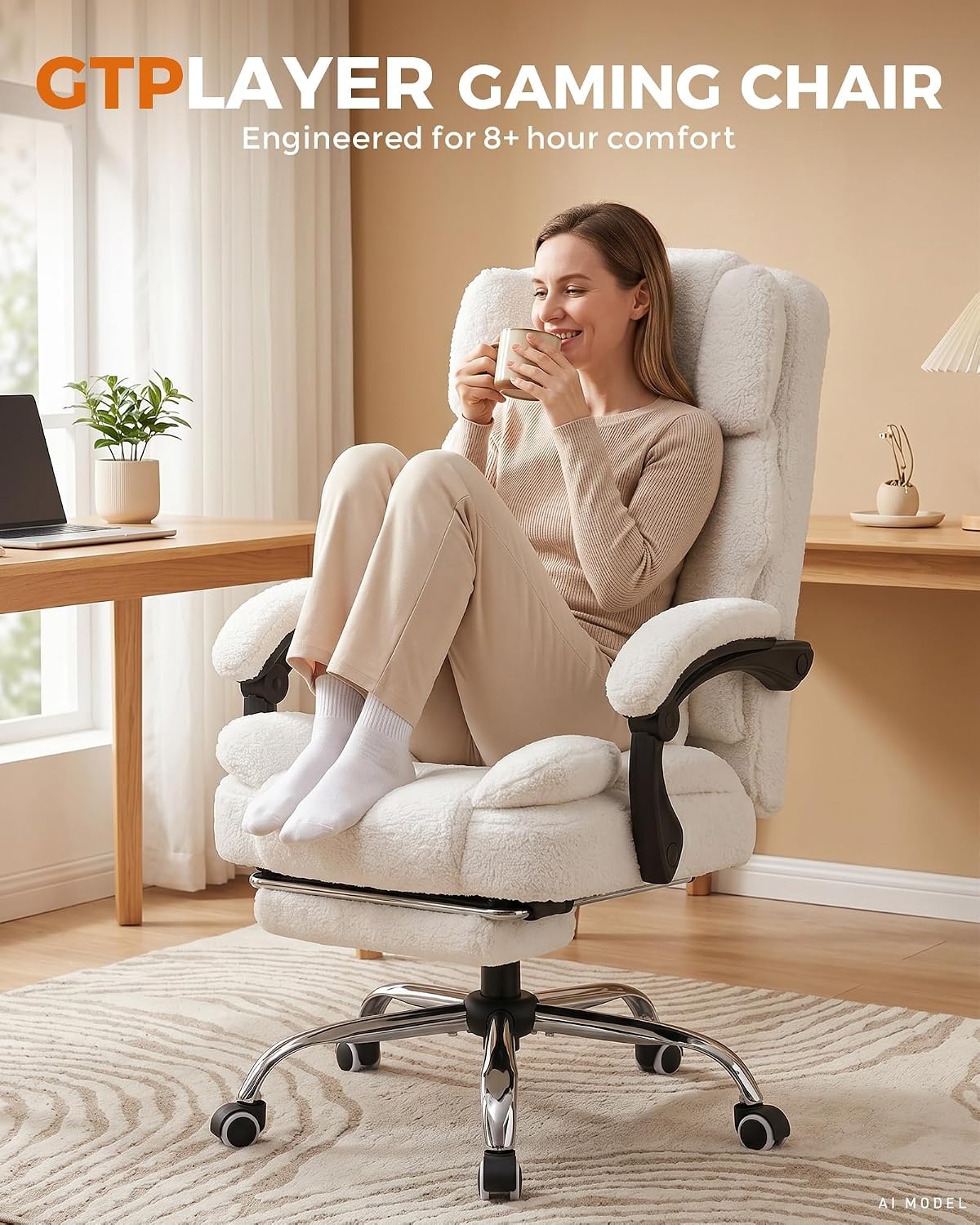 image:imageGTPLAYER Big and Tall Office Chair with Pocket Spring Cushion amp Ergonomic Lumbar Support for Lower Back Pain Relief High Back Computer Gaming Chair with Foot Rest Soft Velvet Fabric BlackWhite Teddy Fabric