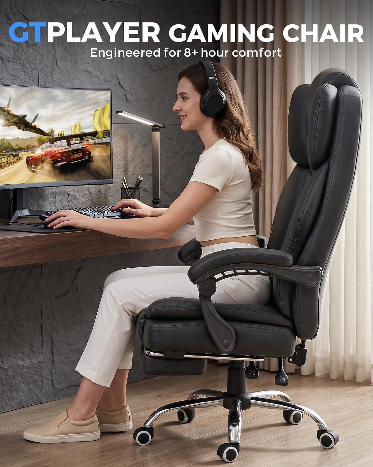image:imageGTPLAYER Big and Tall Office Chair with Pocket Spring Cushion amp Ergonomic Lumbar Support for Lower Back Pain Relief High Back Computer Gaming Chair with Foot Rest Soft Velvet Fabric BlackMatteblack Leather