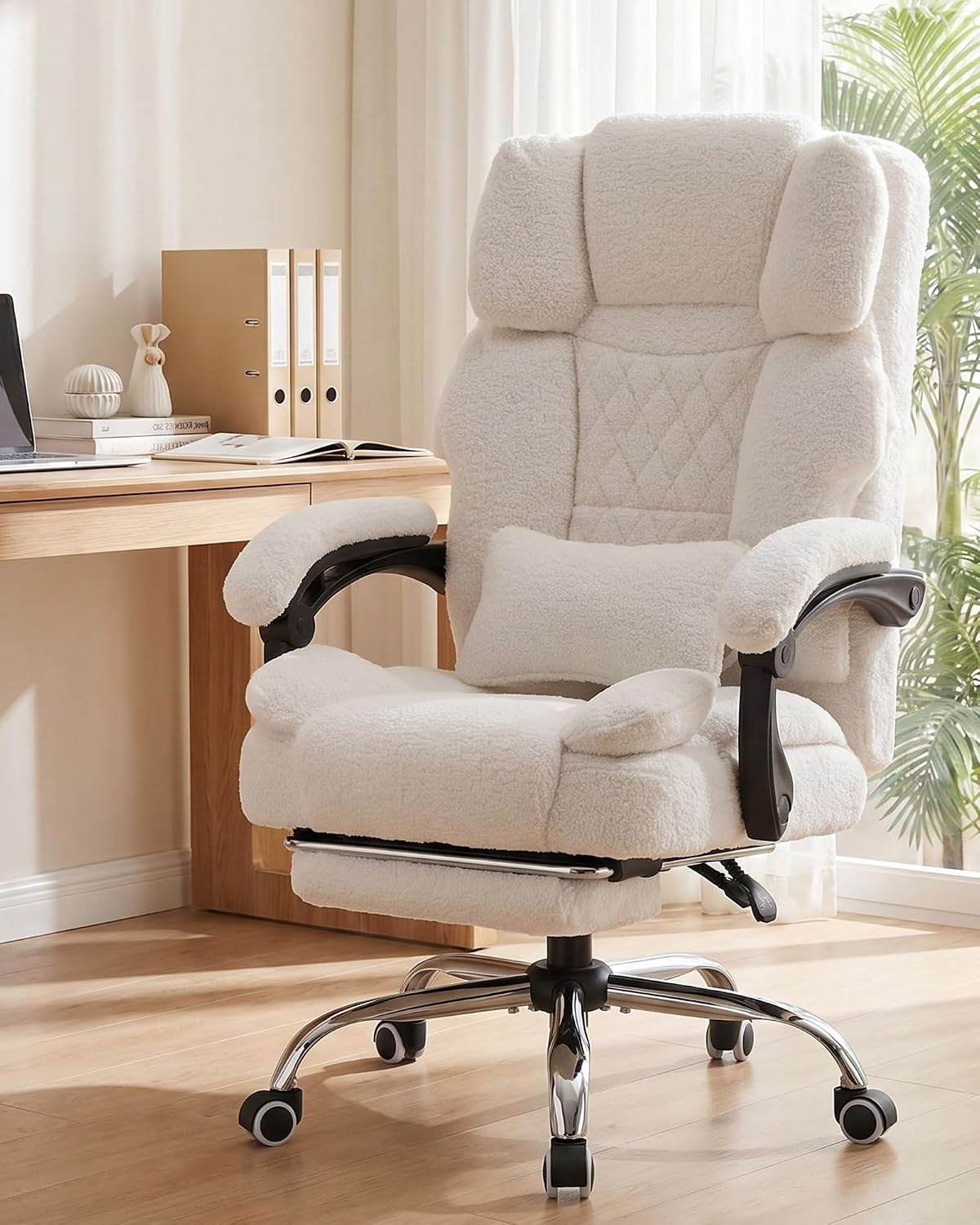 image:imageGTPLAYER Big and Tall Office Chair with Pocket Spring Cushion amp Ergonomic Lumbar Support for Lower Back Pain Relief High Back Computer Gaming Chair with Foot Rest Soft Velvet Fabric BlackWhite Teddy Fabric