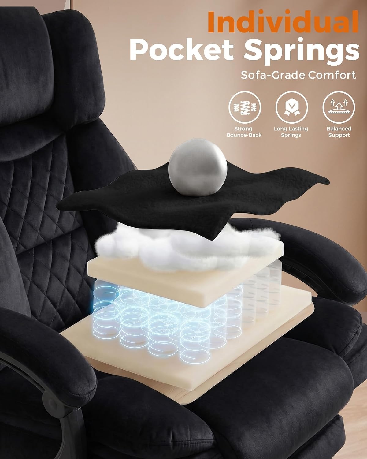 image:imageGTPLAYER Big and Tall Office Chair with Pocket Spring Cushion amp Ergonomic Lumbar Support for Lower Back Pain Relief High Back Computer Gaming Chair with Foot Rest Soft Velvet Fabric BlackBlack Velvet