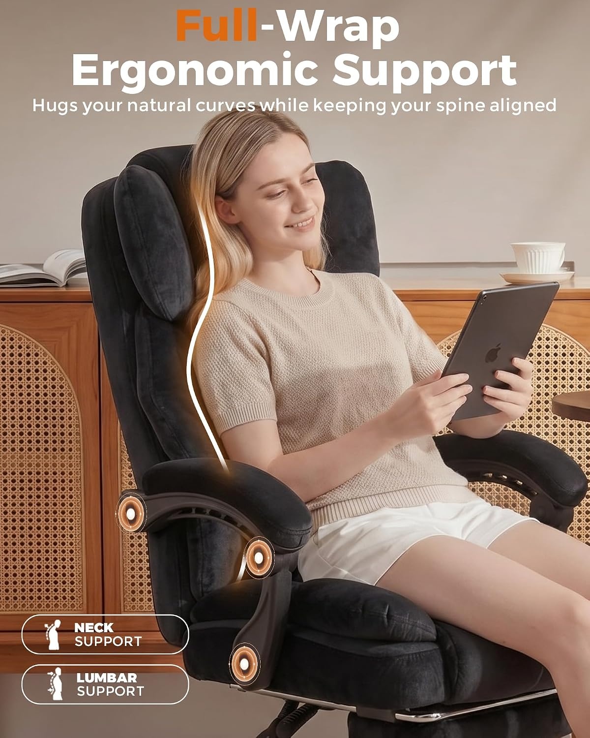 image:imageGTPLAYER Big and Tall Office Chair with Pocket Spring Cushion amp Ergonomic Lumbar Support for Lower Back Pain Relief High Back Computer Gaming Chair with Foot Rest Soft Velvet Fabric BlackBlack Velvet
