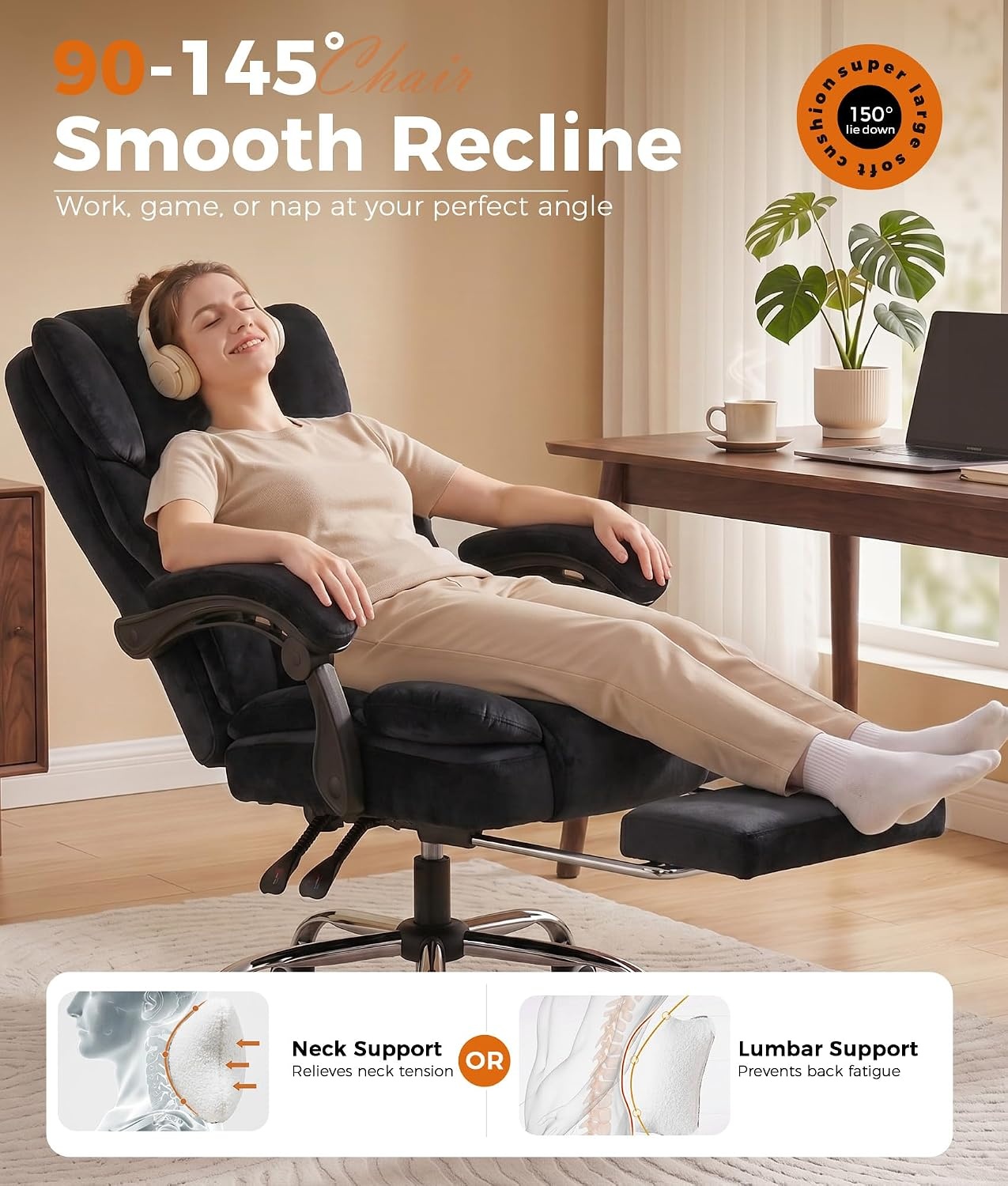 image:imageGTPLAYER Big and Tall Office Chair with Pocket Spring Cushion amp Ergonomic Lumbar Support for Lower Back Pain Relief High Back Computer Gaming Chair with Foot Rest Soft Velvet Fabric BlackBlack Velvet