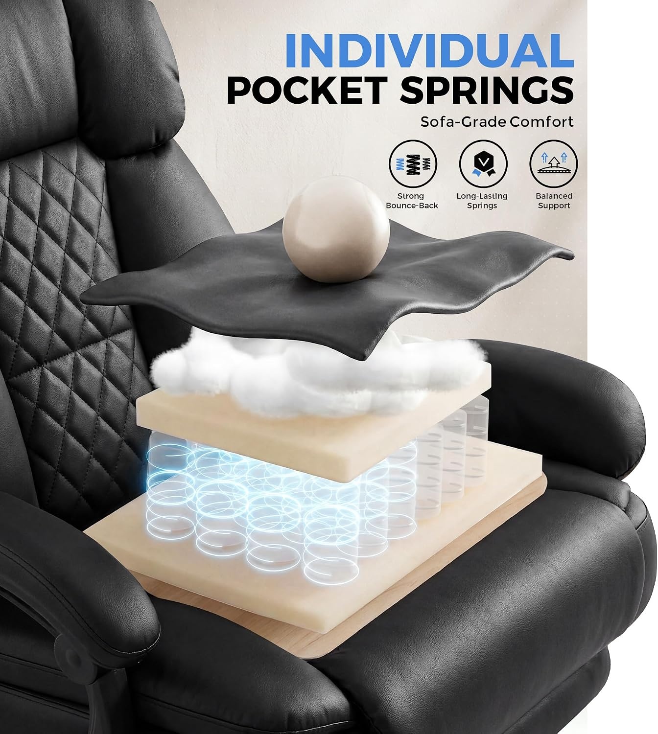 image:imageGTPLAYER Big and Tall Office Chair with Pocket Spring Cushion amp Ergonomic Lumbar Support for Lower Back Pain Relief High Back Computer Gaming Chair with Foot Rest Soft Velvet Fabric BlackMatteblack Leather