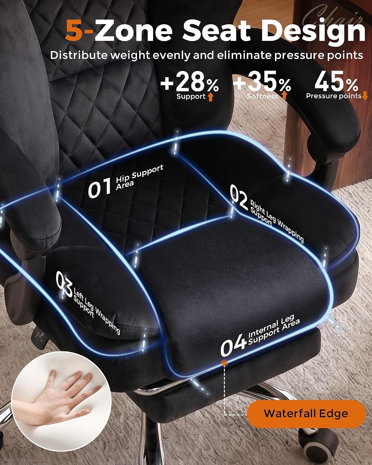 image:imageGTPLAYER Big and Tall Office Chair with Pocket Spring Cushion amp Ergonomic Lumbar Support for Lower Back Pain Relief High Back Computer Gaming Chair with Foot Rest Soft Velvet Fabric BlackBlack Velvet