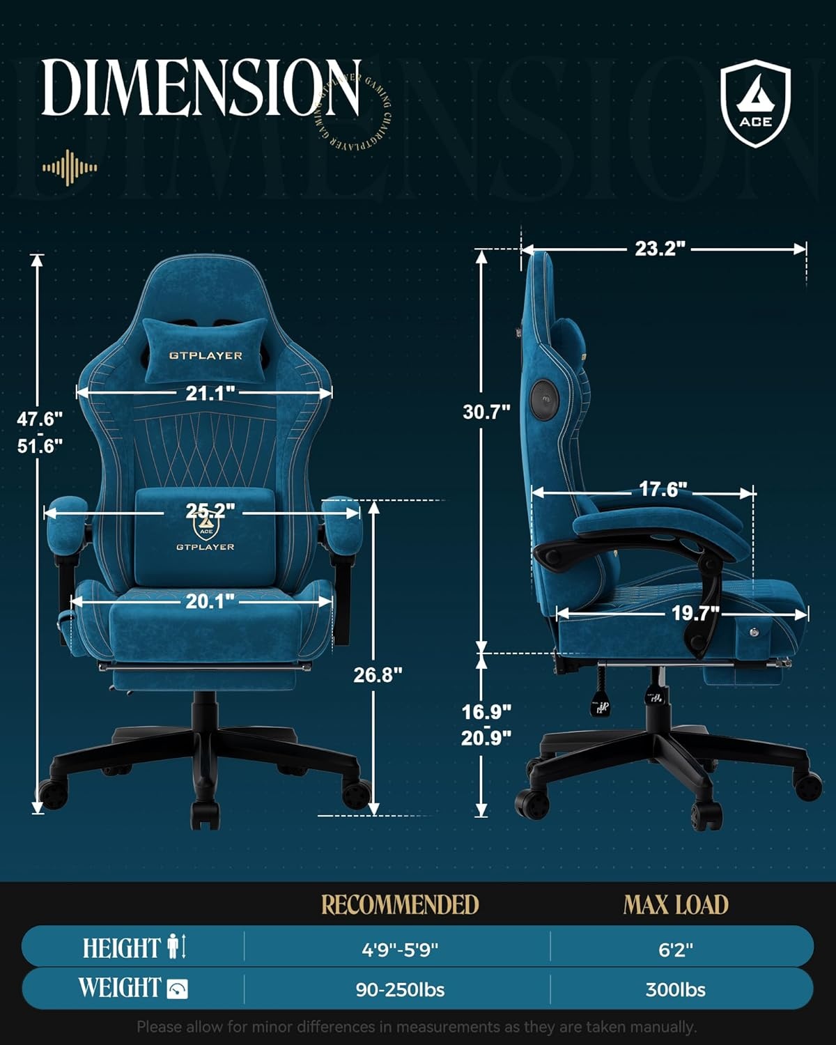 image:imageGTPLAYER Gaming Chair with Speakers Video Game Chairs with Footrest PC Gamer Chairs for Adults Padded High Back Ergonomic Reclining Silla Gamer Linkage Armrest Ace Pro Blue Velvet01 Blue Velvet