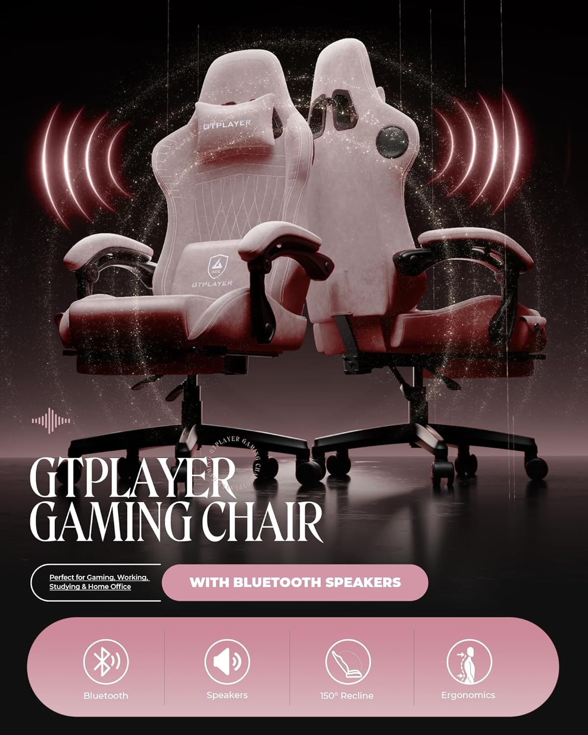 image:imageGTPLAYER Gaming Chair with Speakers Video Game Chairs with Footrest PC Gamer Chairs for Adults Padded High Back Ergonomic Reclining Silla Gamer Linkage Armrest Ace Pro Blue Velvet01 Pink Velvet