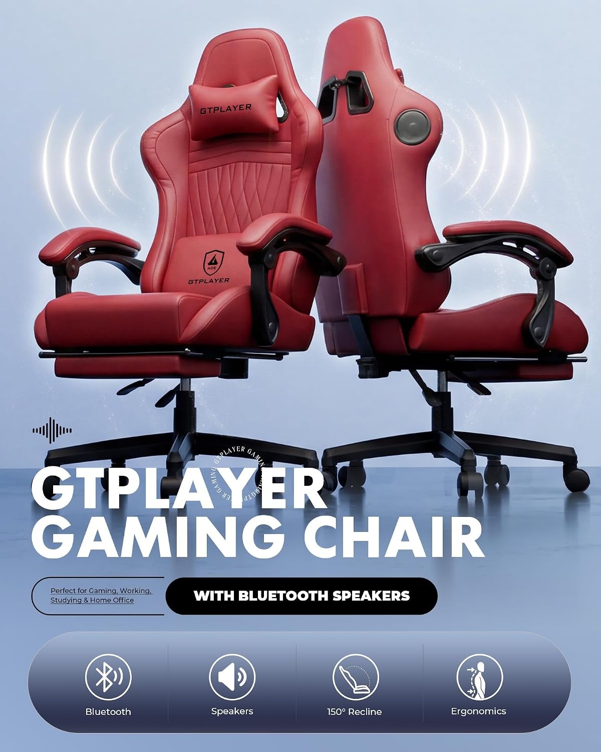 image:imageGTPLAYER Gaming Chair with Speakers Video Game Chairs with Footrest PC Gamer Chairs for Adults Padded High Back Ergonomic Reclining Silla Gamer Linkage Armrest Ace Pro Blue Velvet01 Wine Red New