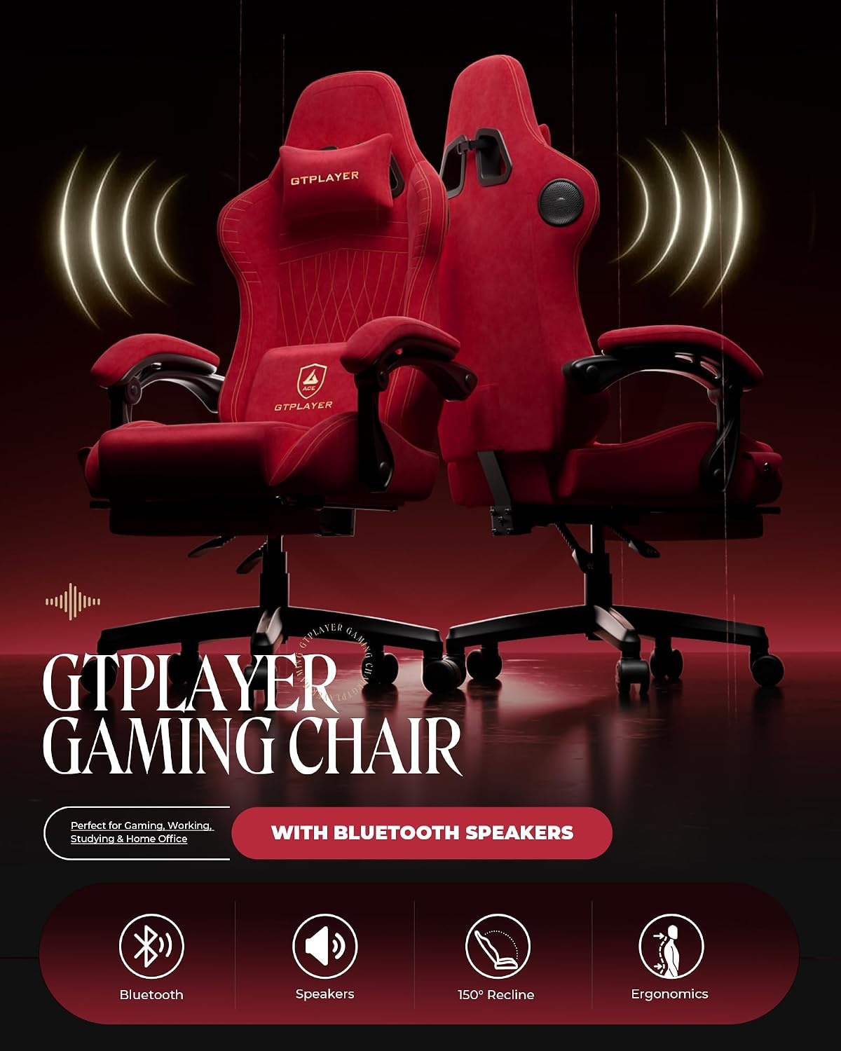image:imageGTPLAYER Gaming Chair with Speakers Video Game Chairs with Footrest PC Gamer Chairs for Adults Padded High Back Ergonomic Reclining Silla Gamer Linkage Armrest Ace Pro Blue Velvet01 Cherry Red Velvet