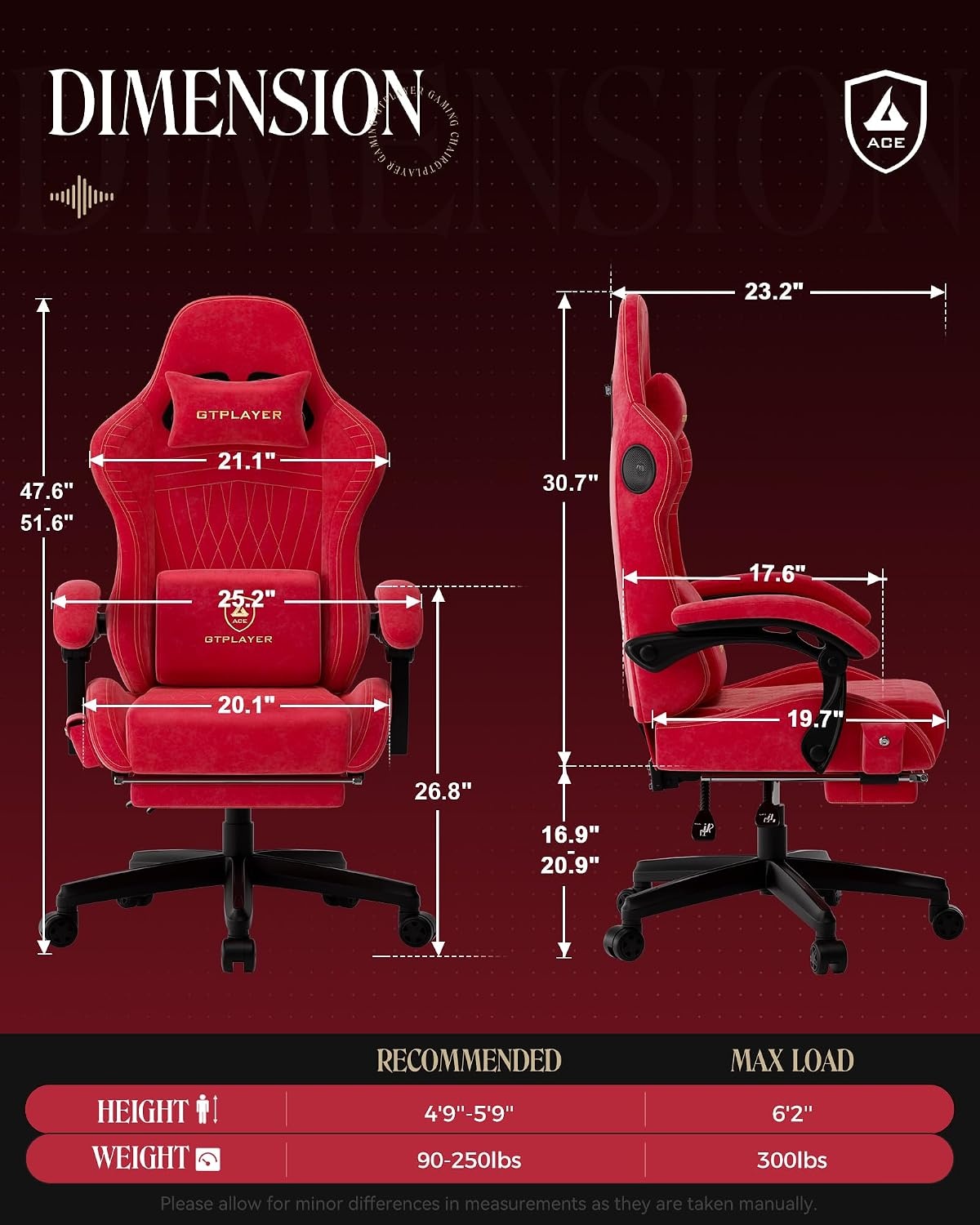 image:imageGTPLAYER Gaming Chair with Speakers Video Game Chairs with Footrest PC Gamer Chairs for Adults Padded High Back Ergonomic Reclining Silla Gamer Linkage Armrest Ace Pro Blue Velvet01 Cherry Red Velvet