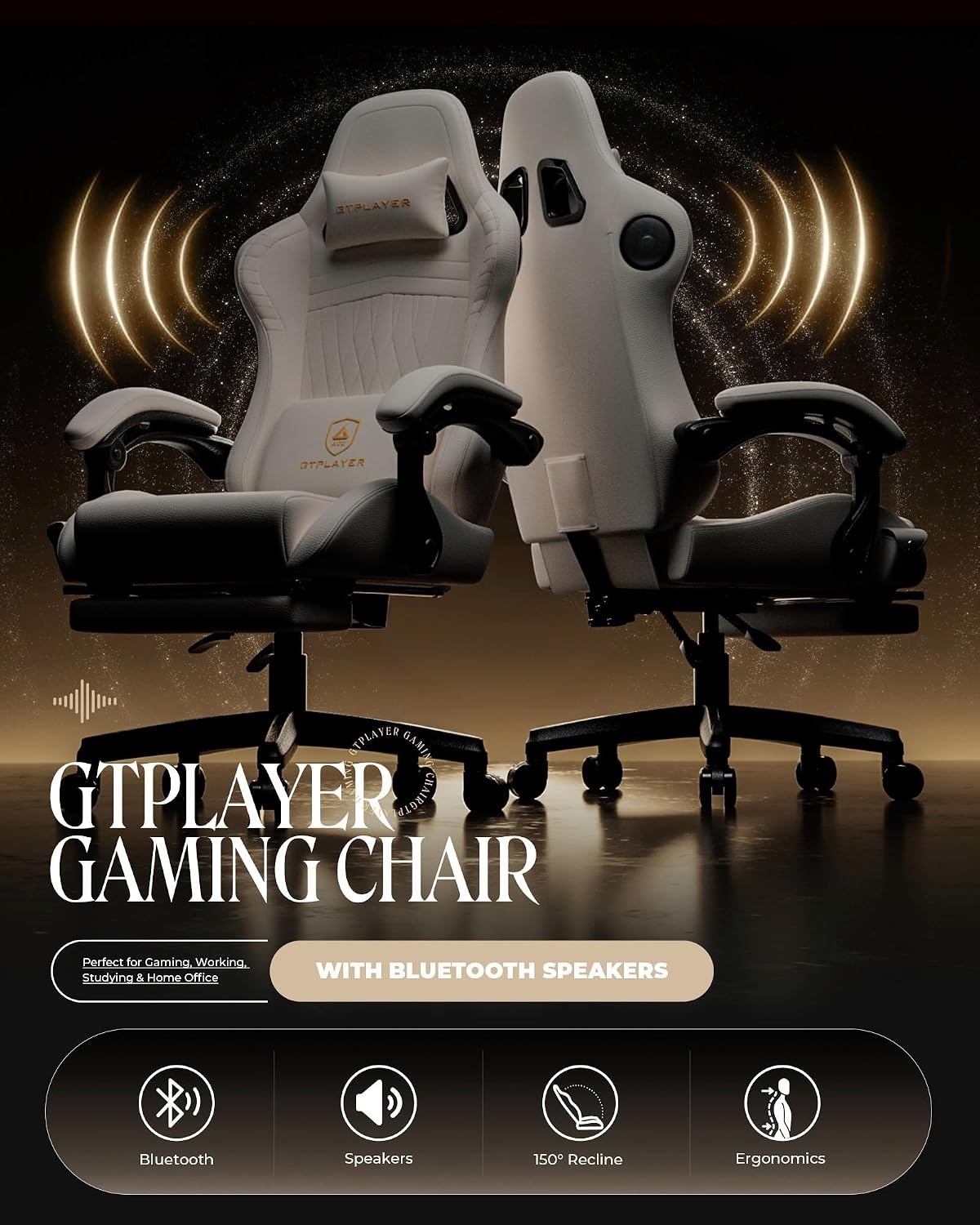 image:imageGTPLAYER Gaming Chair with Speakers Video Game Chairs with Footrest PC Gamer Chairs for Adults Padded High Back Ergonomic Reclining Silla Gamer Linkage Armrest Ace Pro Blue Velvet01 Ivory