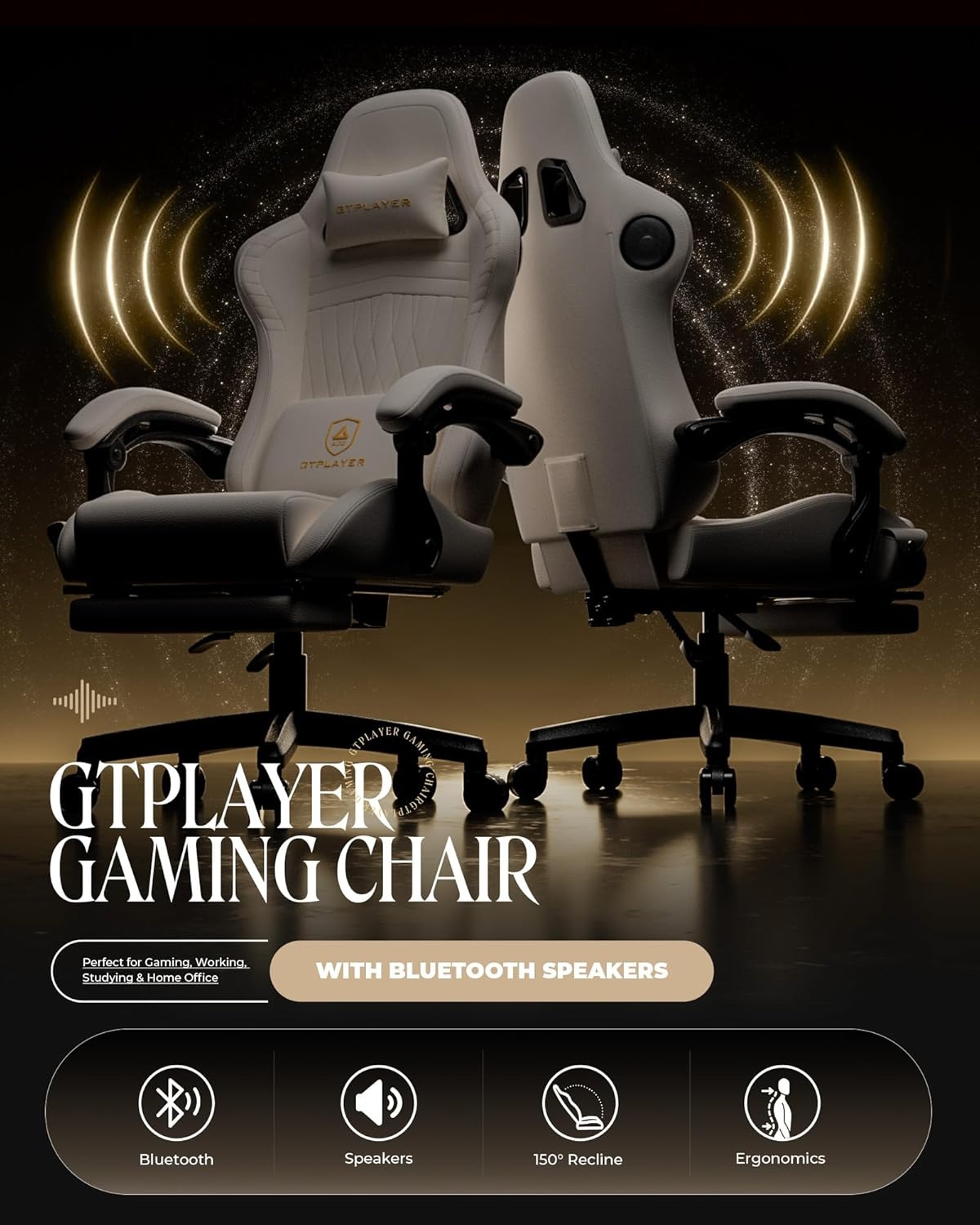 image:imageGTPLAYER Gaming Chair with Speakers Video Game Chairs with Footrest PC Gamer Chairs for Adults Padded High Back Ergonomic Reclining Silla Gamer Linkage Armrest Ace Pro Blue Velvet01 Off White