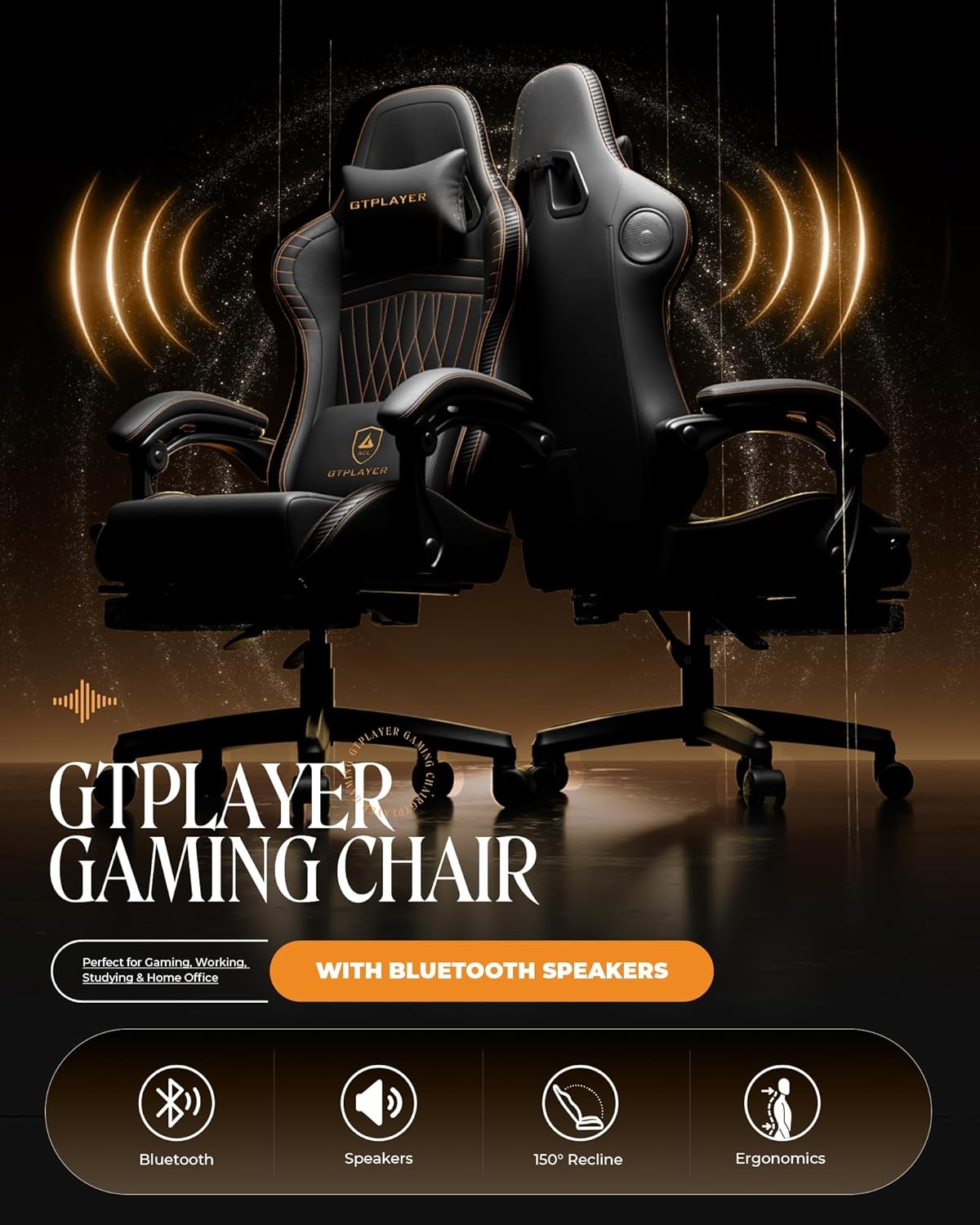 image:imageGTPLAYER Gaming Chair with Speakers Video Game Chairs with Footrest PC Gamer Chairs for Adults Padded High Back Ergonomic Reclining Silla Gamer Linkage Armrest Ace Pro Blue Velvet01 Orange