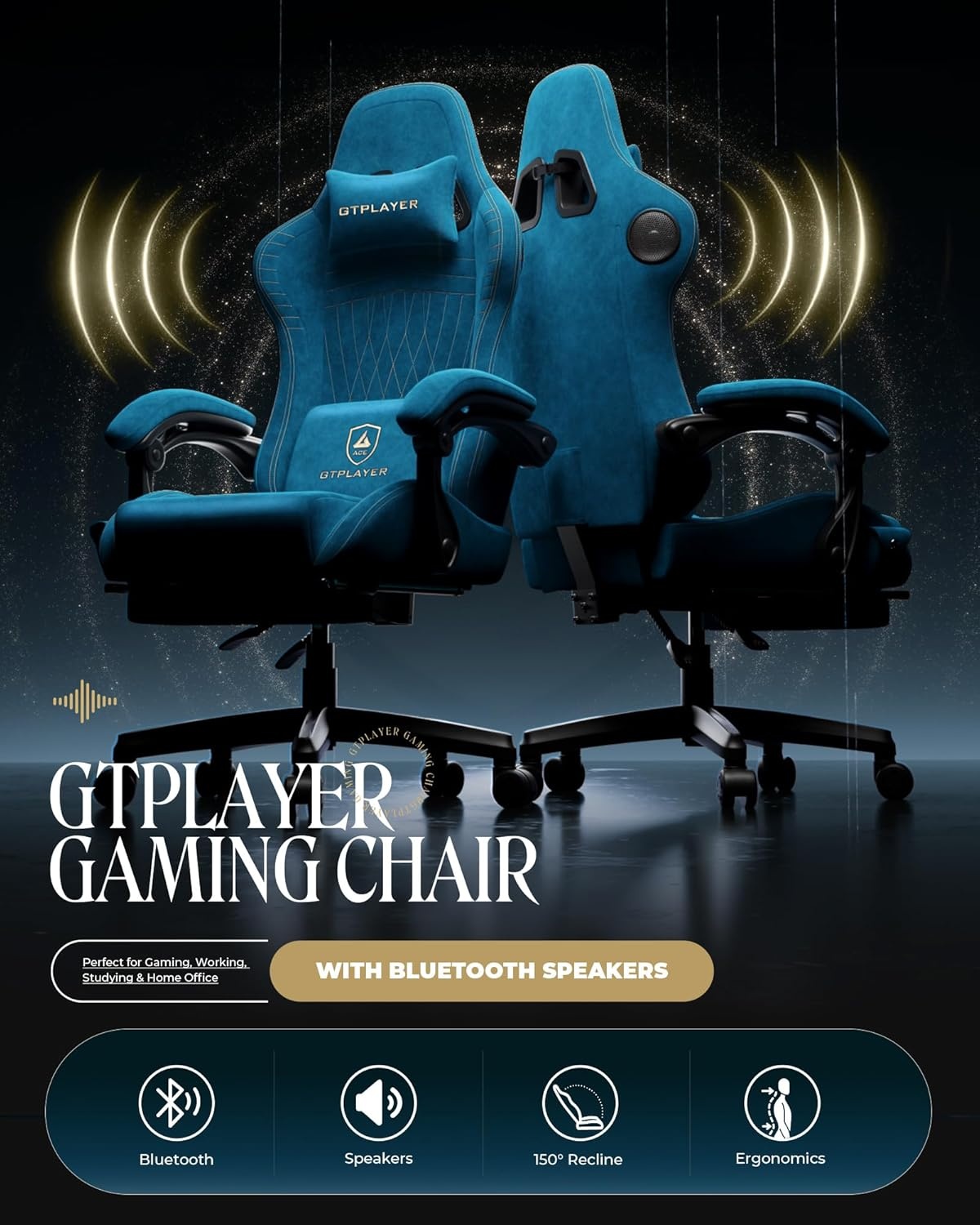 image:imageGTPLAYER Gaming Chair with Speakers Video Game Chairs with Footrest PC Gamer Chairs for Adults Padded High Back Ergonomic Reclining Silla Gamer Linkage Armrest Ace Pro Blue Velvet01 Blue Velvet