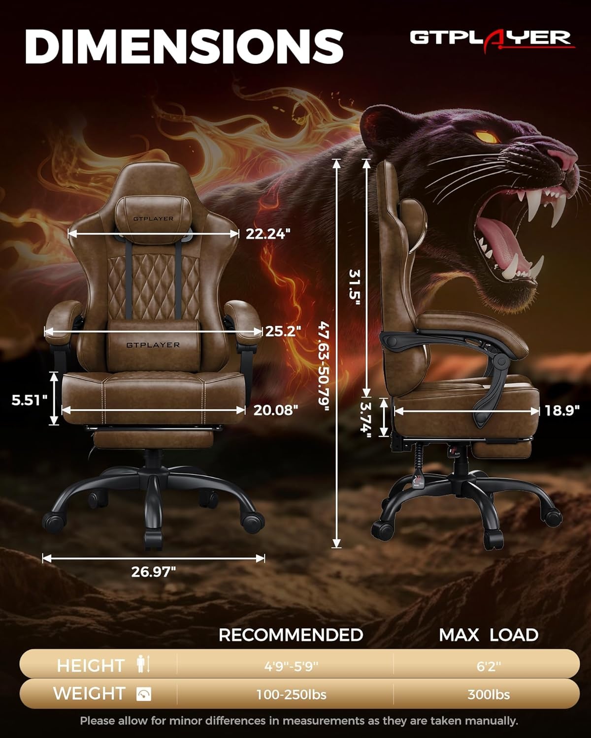 image:imageGTPLAYER Big and Tall Gaming Chair with Footrest Ergonomic Office Desk Chair with 44in Thick Cushion and Wide Wingless Seat Comfortable Leather Computer Chair Predator Series Rustic BrownRustic Brown
