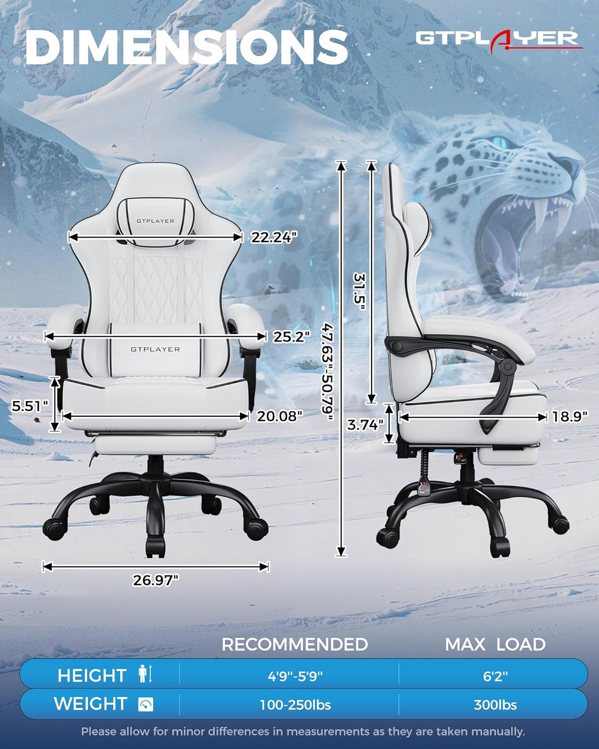 image:imageGTPLAYER Big and Tall Gaming Chair with Footrest Ergonomic Office Desk Chair with 44in Thick Cushion and Wide Wingless Seat Comfortable Leather Computer Chair Predator Series Rustic BrownWhite