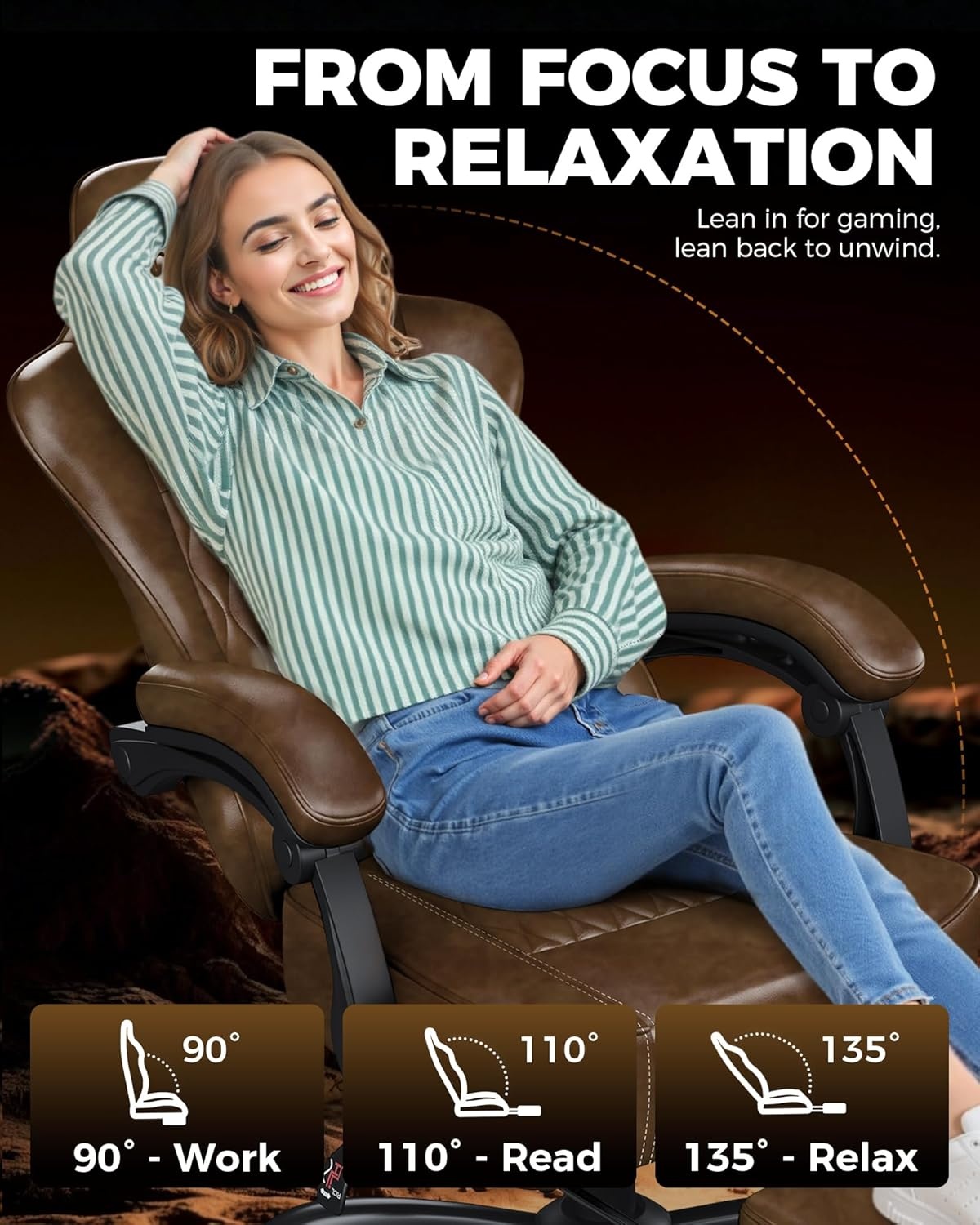 image:imageGTPLAYER Big and Tall Gaming Chair with Footrest Ergonomic Office Desk Chair with 44in Thick Cushion and Wide Wingless Seat Comfortable Leather Computer Chair Predator Series Rustic BrownRustic Brown