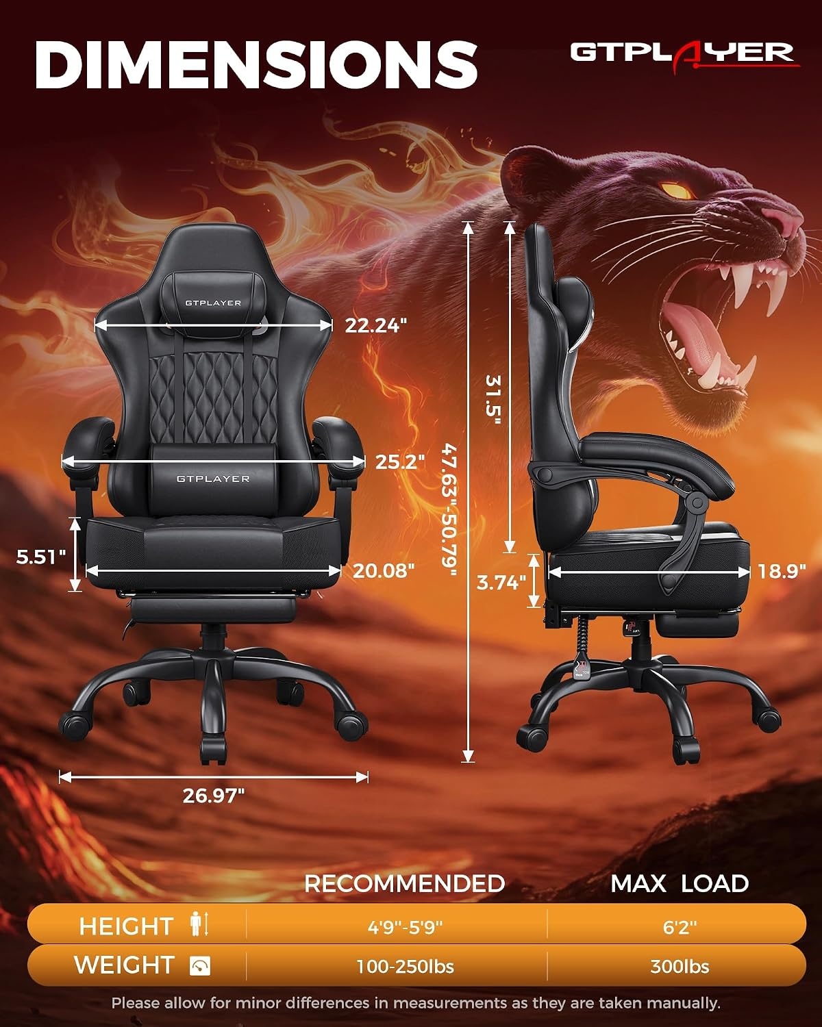 image:imageGTPLAYER Big and Tall Gaming Chair with Footrest Ergonomic Office Desk Chair with 44in Thick Cushion and Wide Wingless Seat Comfortable Leather Computer Chair Predator Series Rustic BrownMatte Black With Trim