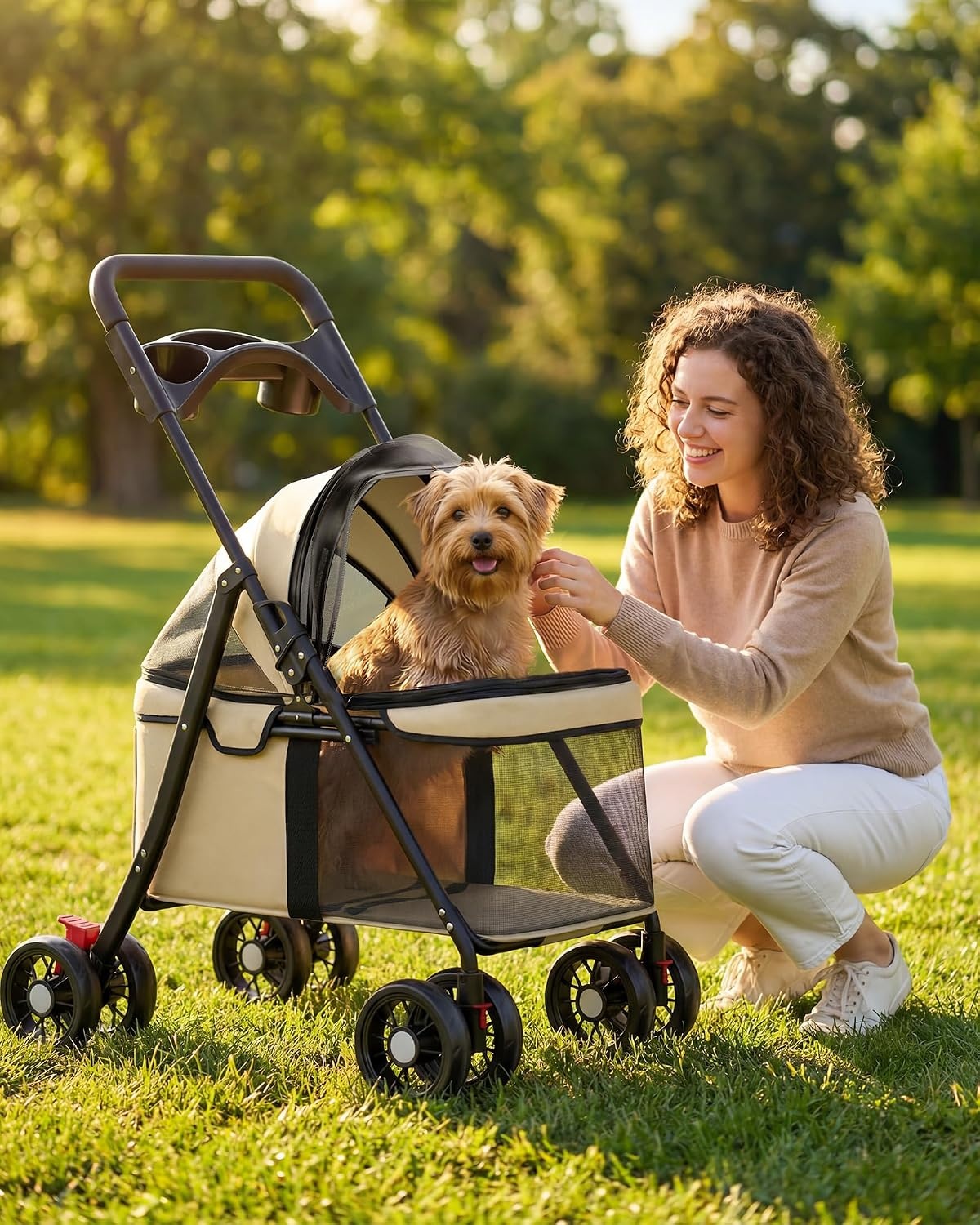 image:imageGTPLAYER Foldable Pet Stroller for Small Dogs and Cats Holds Up to 33 lb 4Wheel Stroller with 2 Safety Tethers Breathable Mesh Lockable Front Wheels Cup HolderTray amp Storage Pocket Light GreenBeige