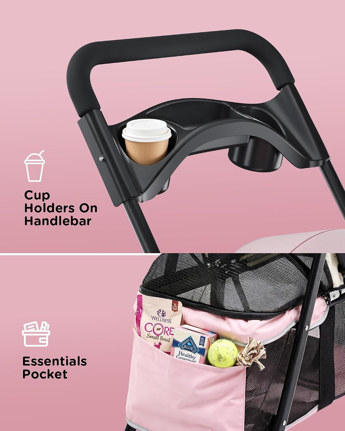 image:imageGTPLAYER Foldable Pet Stroller for Small Dogs and Cats Holds Up to 33 lb 4Wheel Stroller with 2 Safety Tethers Breathable Mesh Lockable Front Wheels Cup HolderTray amp Storage Pocket Light Greenpink