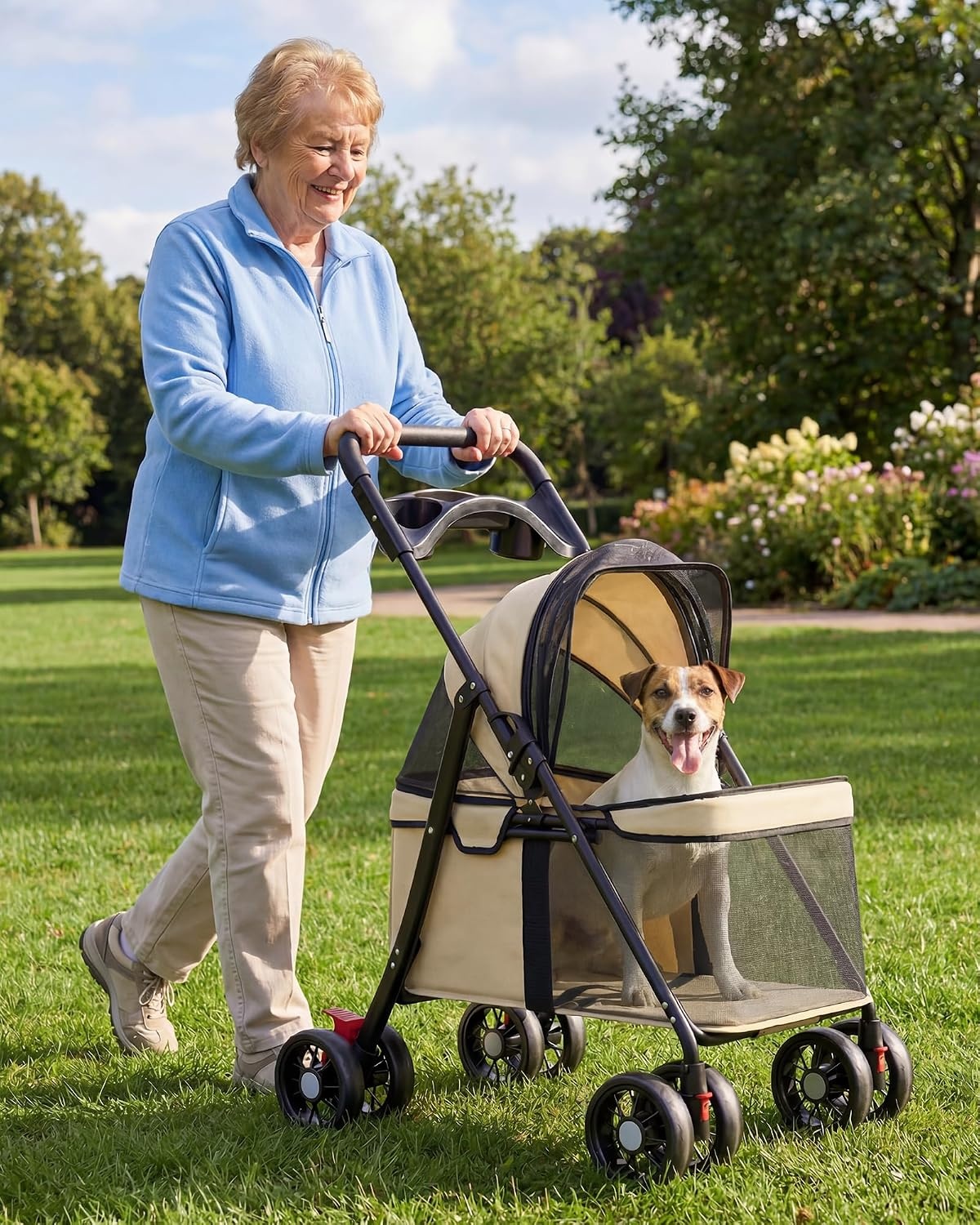 image:imageGTPLAYER Foldable Pet Stroller for Small Dogs and Cats Holds Up to 33 lb 4Wheel Stroller with 2 Safety Tethers Breathable Mesh Lockable Front Wheels Cup HolderTray amp Storage Pocket Light GreenBeige