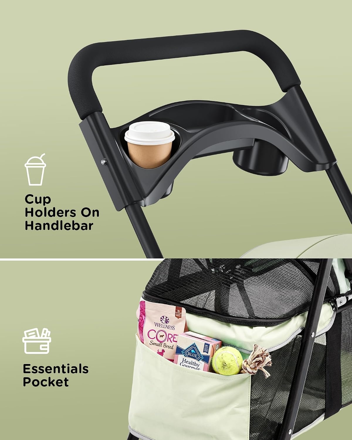 image:imageGTPLAYER Foldable Pet Stroller for Small Dogs and Cats Holds Up to 33 lb 4Wheel Stroller with 2 Safety Tethers Breathable Mesh Lockable Front Wheels Cup HolderTray amp Storage Pocket Light GreenLight Green