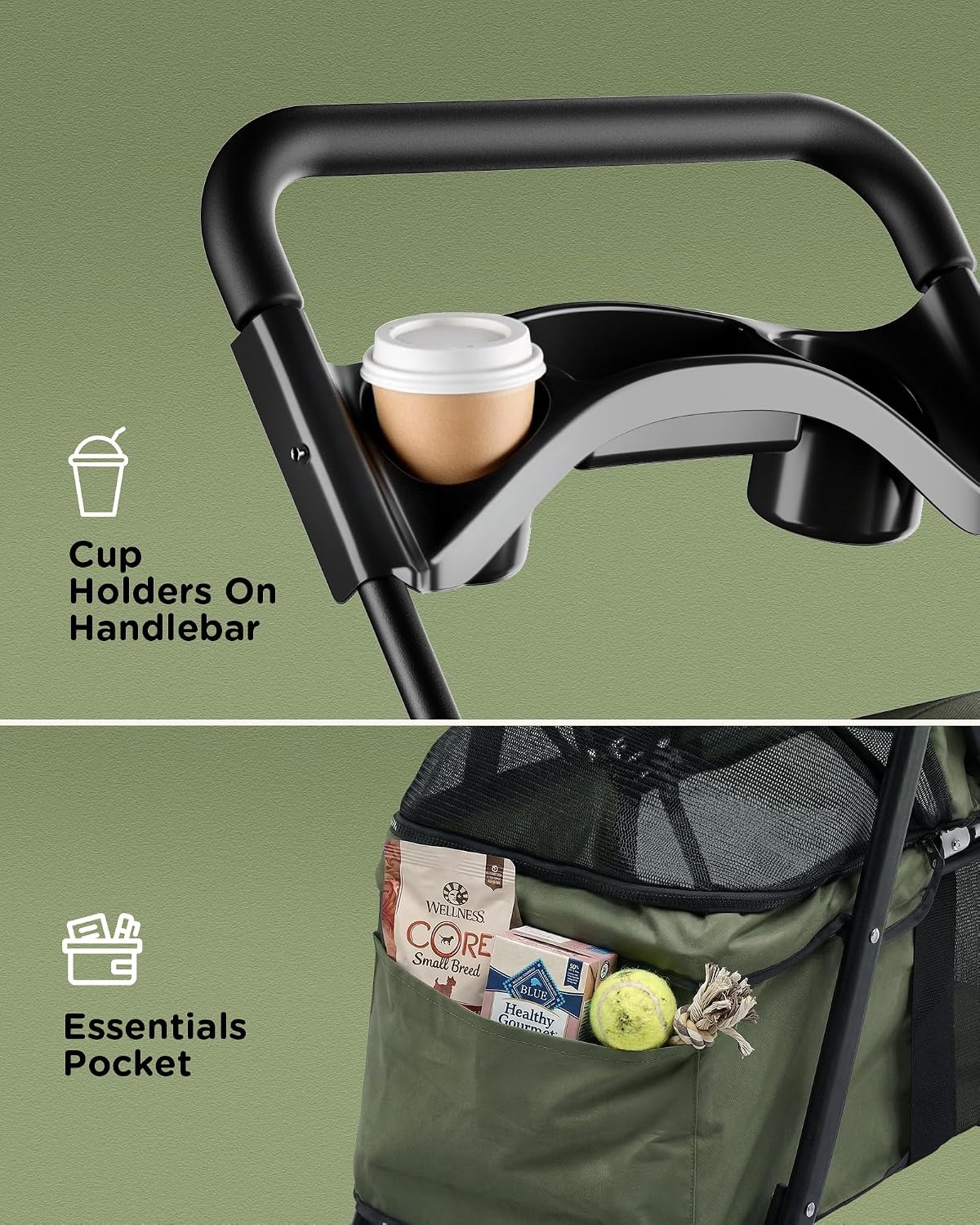 image:imageGTPLAYER Foldable Pet Stroller for Small Dogs and Cats Holds Up to 33 lb 4Wheel Stroller with 2 Safety Tethers Breathable Mesh Lockable Front Wheels Cup HolderTray amp Storage Pocket Light GreenGreen