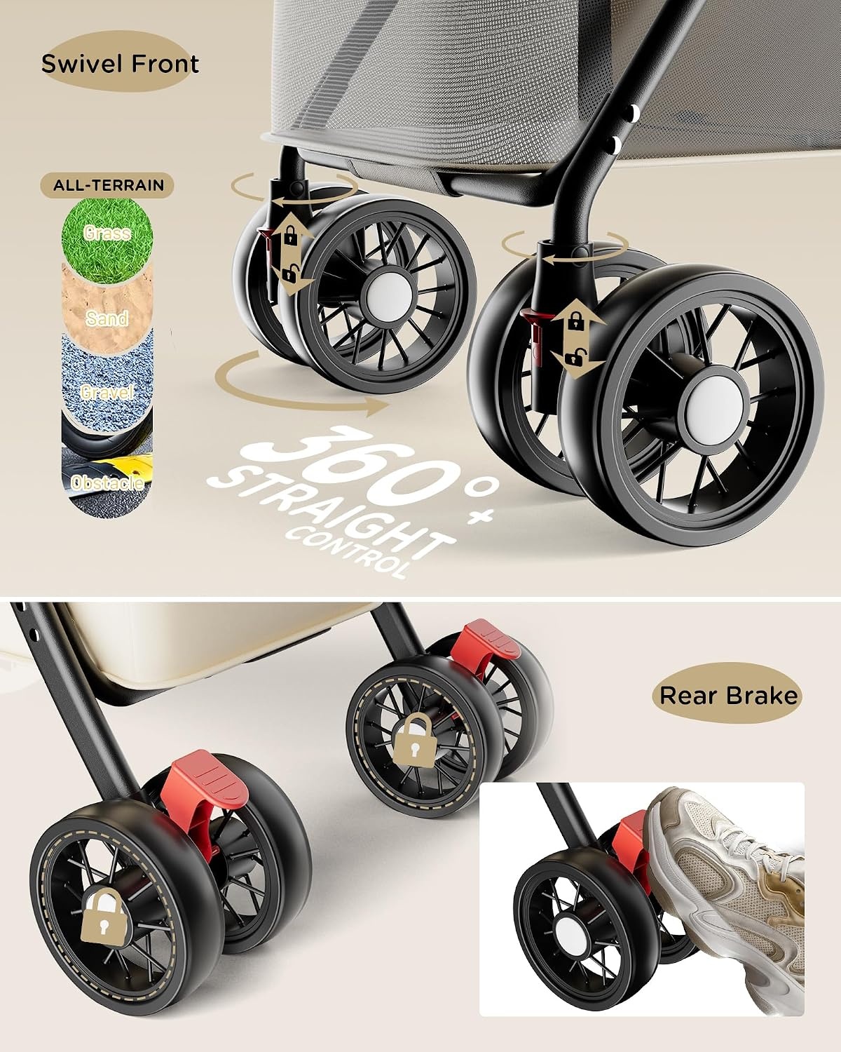 image:imageGTPLAYER Foldable Pet Stroller for Small Dogs and Cats Holds Up to 33 lb 4Wheel Stroller with 2 Safety Tethers Breathable Mesh Lockable Front Wheels Cup HolderTray amp Storage Pocket Light GreenBeige