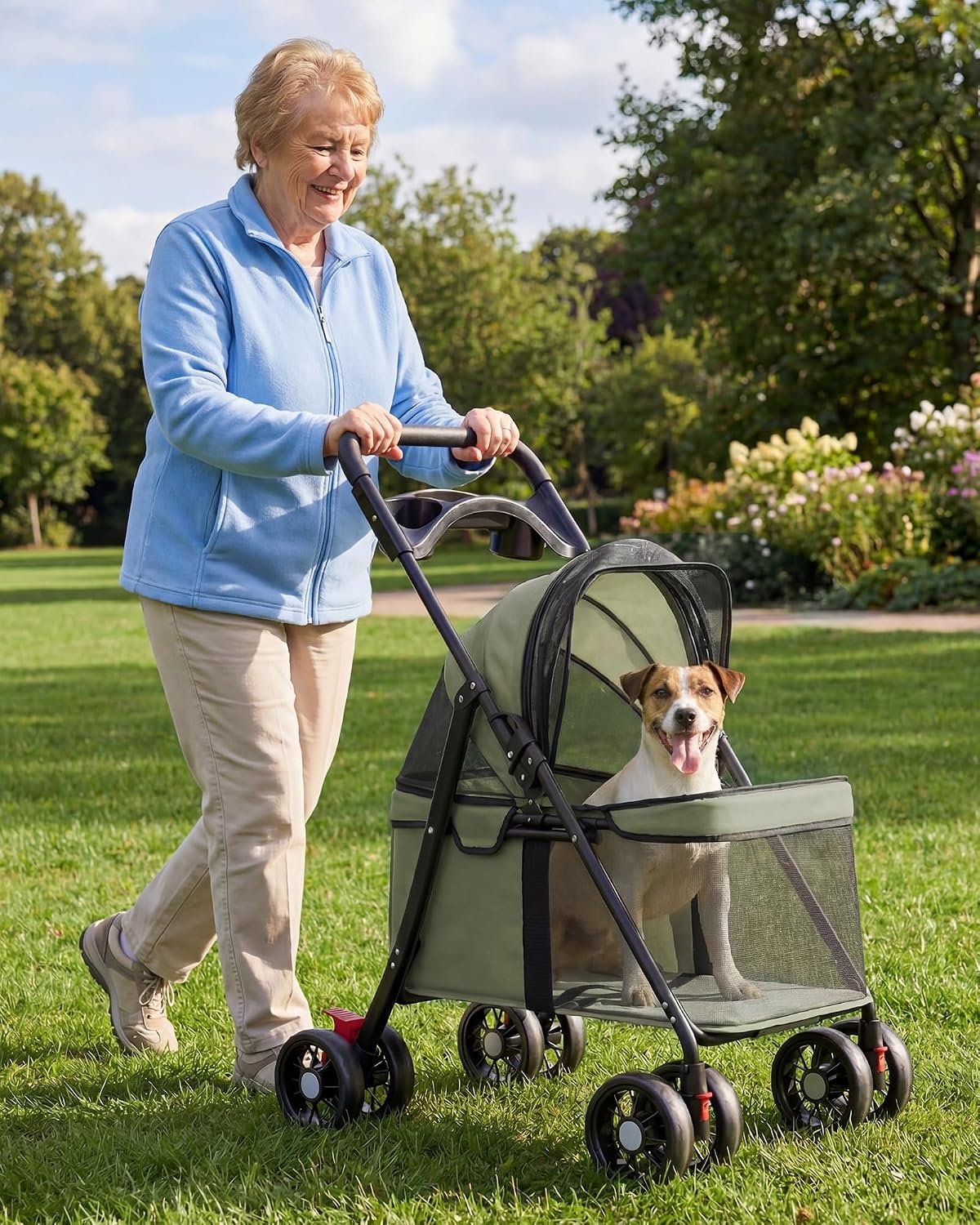 image:imageGTPLAYER Foldable Pet Stroller for Small Dogs and Cats Holds Up to 33 lb 4Wheel Stroller with 2 Safety Tethers Breathable Mesh Lockable Front Wheels Cup HolderTray amp Storage Pocket Light GreenGreen