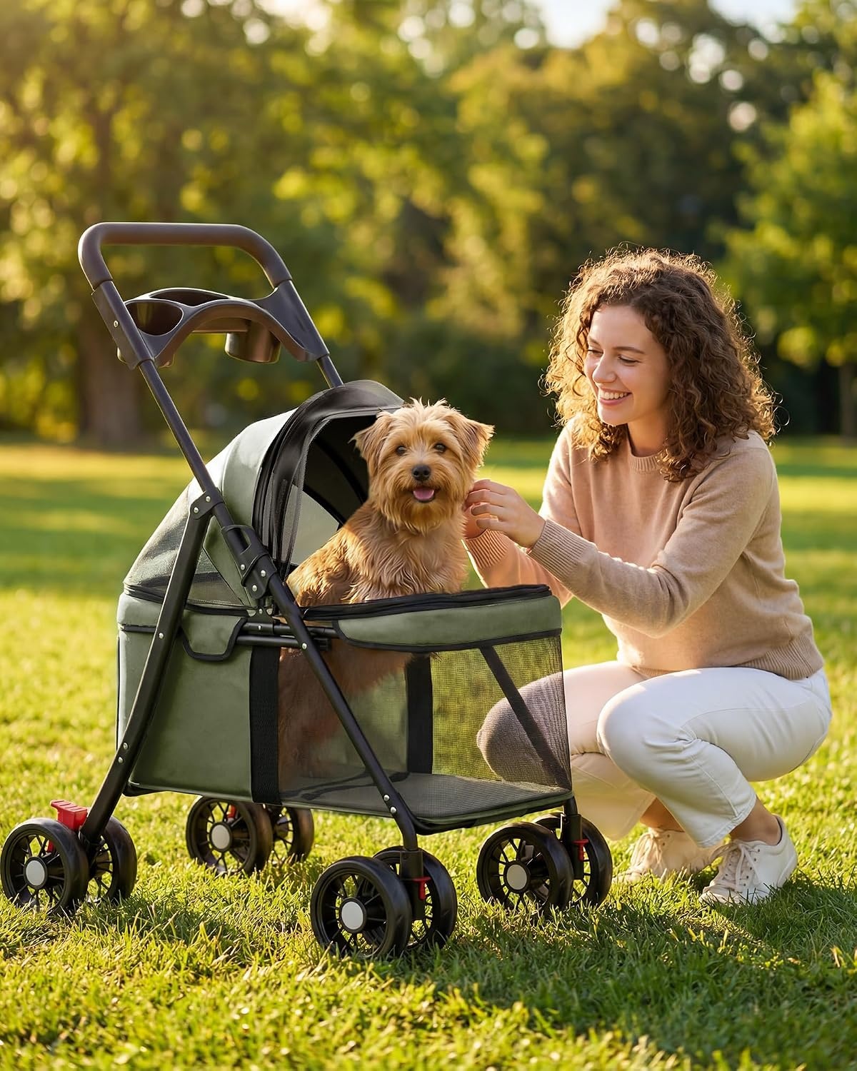 image:imageGTPLAYER Foldable Pet Stroller for Small Dogs and Cats Holds Up to 33 lb 4Wheel Stroller with 2 Safety Tethers Breathable Mesh Lockable Front Wheels Cup HolderTray amp Storage Pocket Light GreenGreen