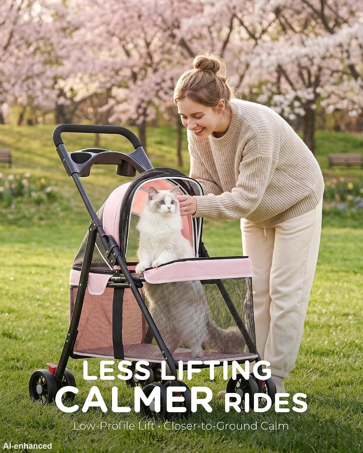 image:imageGTPLAYER Foldable Pet Stroller for Small Dogs and Cats Holds Up to 33 lb 4Wheel Stroller with 2 Safety Tethers Breathable Mesh Lockable Front Wheels Cup HolderTray amp Storage Pocket Light Greenpink
