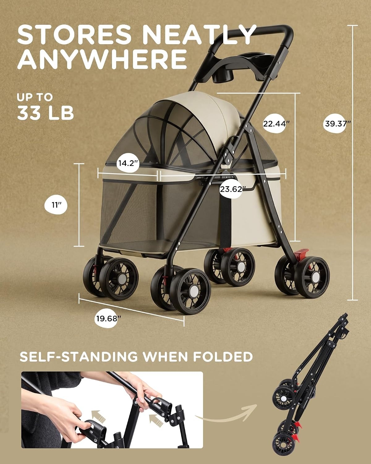 image:imageGTPLAYER Foldable Pet Stroller for Small Dogs and Cats Holds Up to 33 lb 4Wheel Stroller with 2 Safety Tethers Breathable Mesh Lockable Front Wheels Cup HolderTray amp Storage Pocket Light GreenBeige