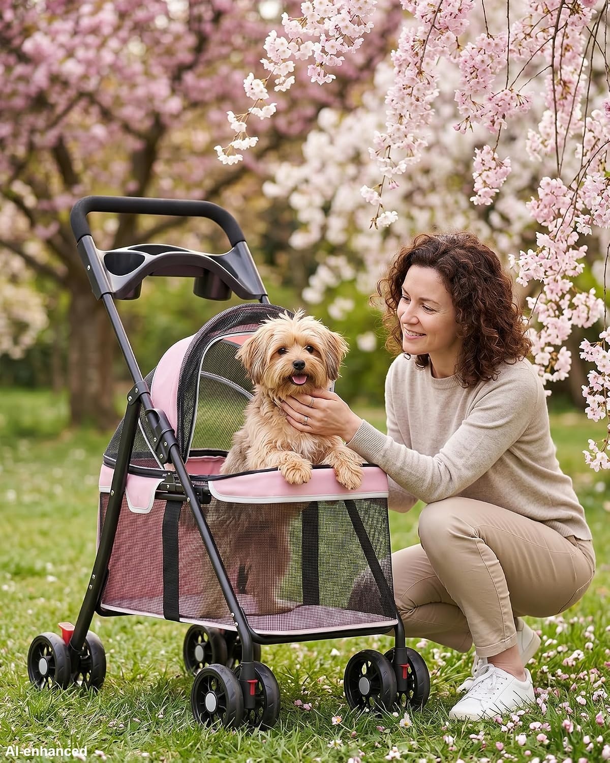 image:imageGTPLAYER Foldable Pet Stroller for Small Dogs and Cats Holds Up to 33 lb 4Wheel Stroller with 2 Safety Tethers Breathable Mesh Lockable Front Wheels Cup HolderTray amp Storage Pocket Light Greenpink