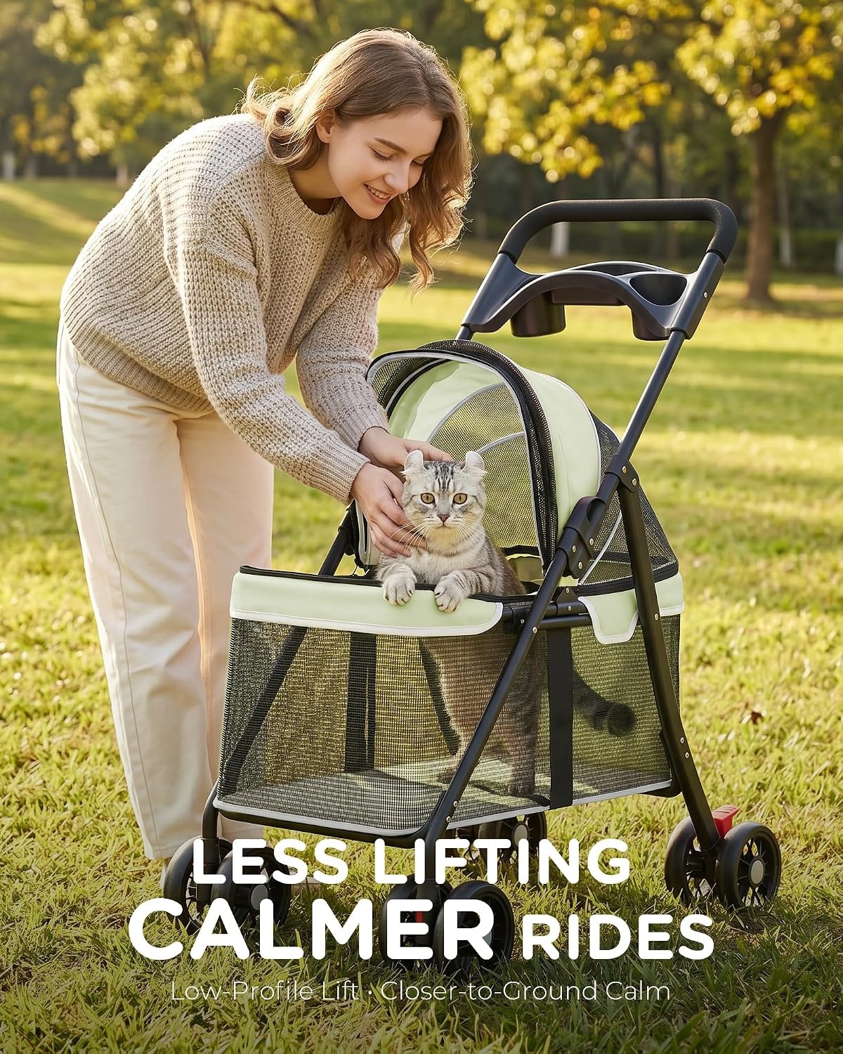image:imageGTPLAYER Foldable Pet Stroller for Small Dogs and Cats Holds Up to 33 lb 4Wheel Stroller with 2 Safety Tethers Breathable Mesh Lockable Front Wheels Cup HolderTray amp Storage Pocket Light GreenLight Green