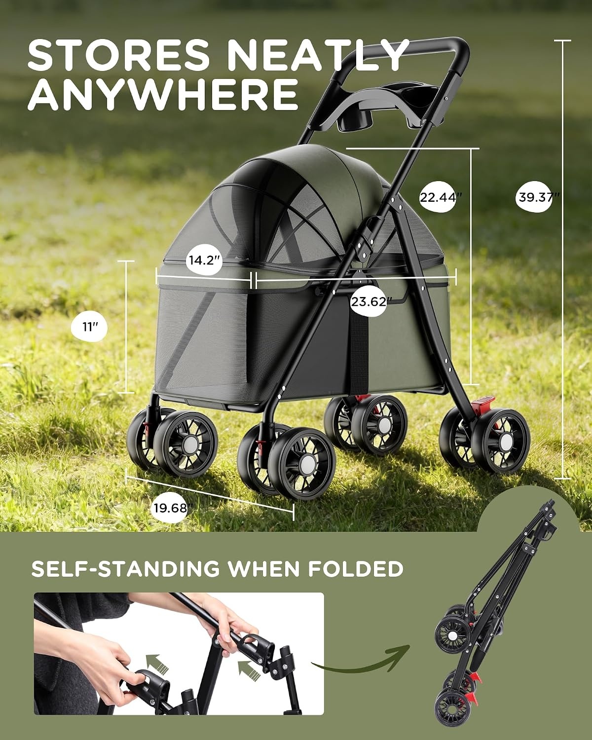 image:imageGTPLAYER Foldable Pet Stroller for Small Dogs and Cats Holds Up to 33 lb 4Wheel Stroller with 2 Safety Tethers Breathable Mesh Lockable Front Wheels Cup HolderTray amp Storage Pocket Light GreenGreen