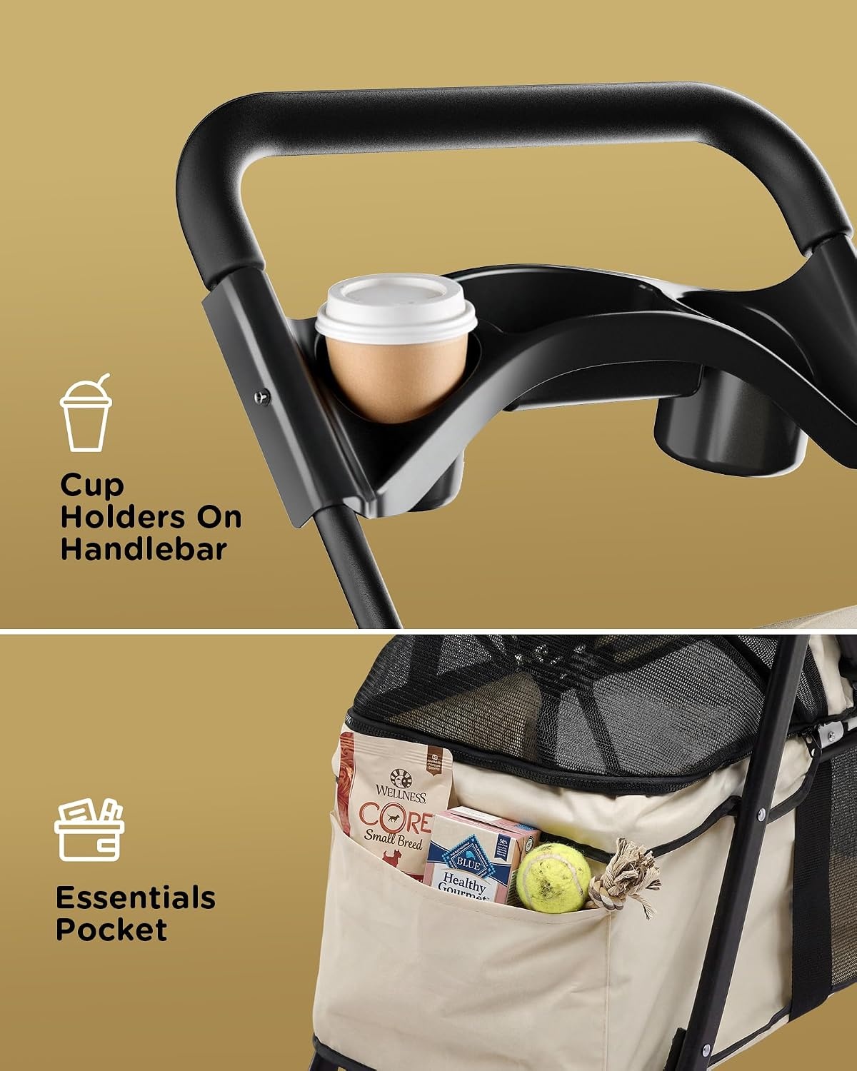 image:imageGTPLAYER Foldable Pet Stroller for Small Dogs and Cats Holds Up to 33 lb 4Wheel Stroller with 2 Safety Tethers Breathable Mesh Lockable Front Wheels Cup HolderTray amp Storage Pocket Light GreenBeige