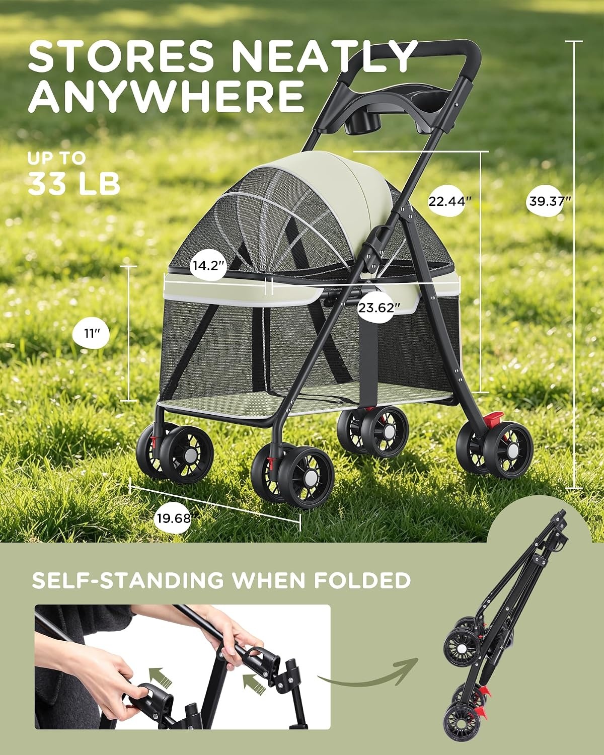 image:imageGTPLAYER Foldable Pet Stroller for Small Dogs and Cats Holds Up to 33 lb 4Wheel Stroller with 2 Safety Tethers Breathable Mesh Lockable Front Wheels Cup HolderTray amp Storage Pocket Light GreenLight Green