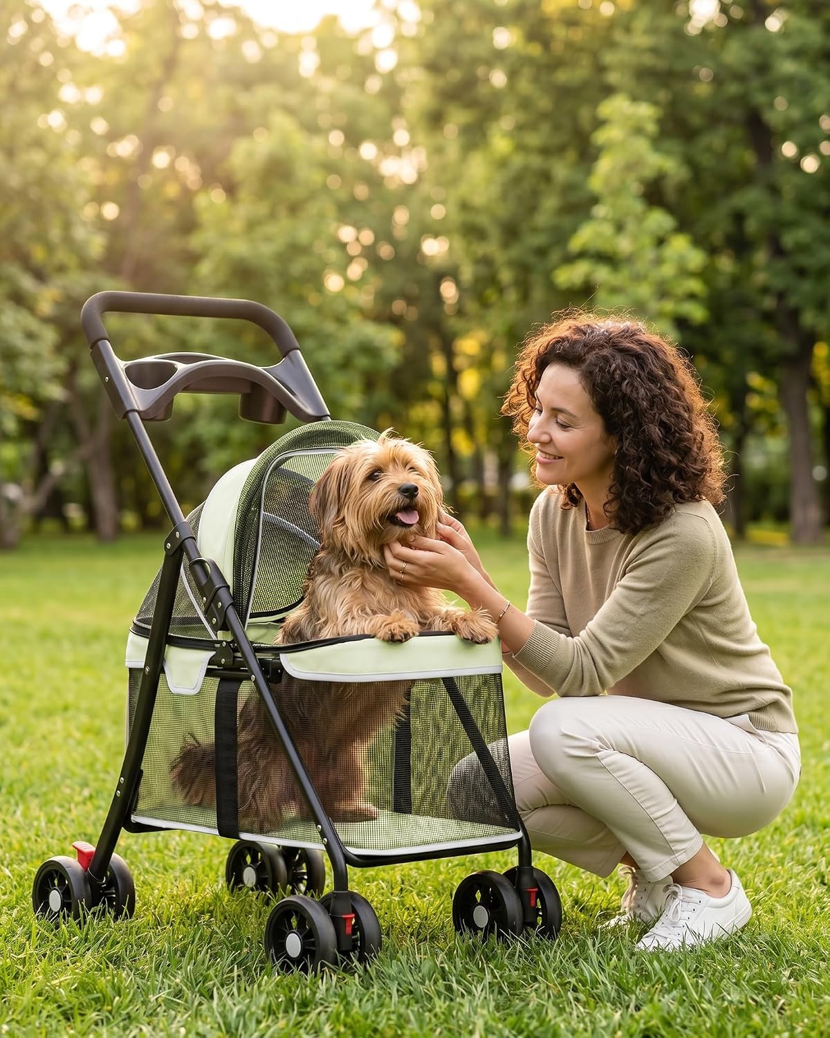 image:imageGTPLAYER Foldable Pet Stroller for Small Dogs and Cats Holds Up to 33 lb 4Wheel Stroller with 2 Safety Tethers Breathable Mesh Lockable Front Wheels Cup HolderTray amp Storage Pocket Light GreenLight Green